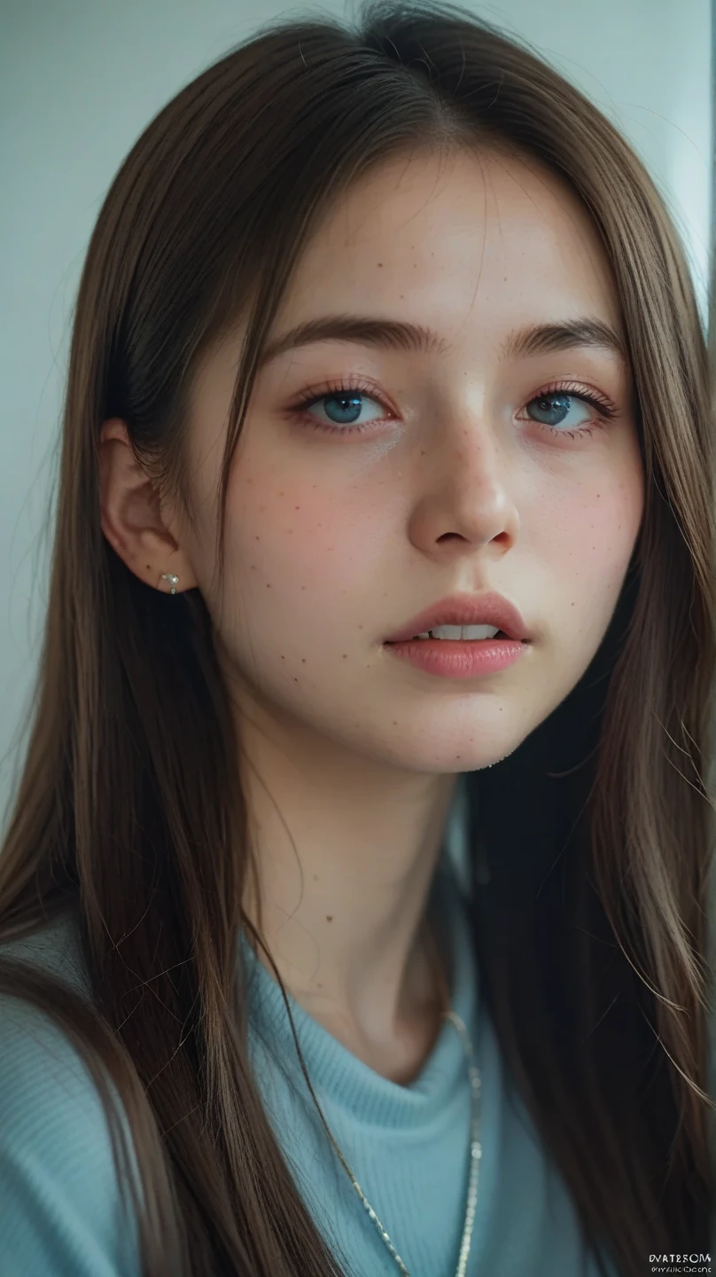 Woman with brown hair with green eyes, round face with white skin with a few freckles, irish appearance, rounded features, photo showing woman from the waist up, close up front view