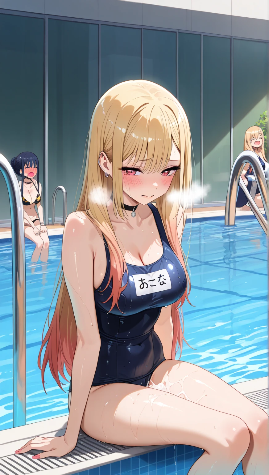 ((masterpiece)), ((high quality)), ((Very detailed)), ((High resolution)) ,((8k)), Beautiful woman, ((She is one of the most famous female gravure idols in the world..)), Unparalleled beauty, ((Big Ass)), Narrow waist, Ultra detailed face, Perfect Skin, (((Blonde Straight Hair))), blue eyes, Detailed eyes, (((anime))), 24-years-old, ((Incredibly beautiful woman)), ((F cup bust)), ((((School swimsuit designated by the school)))), ((Beautiful breasts)), Beautiful feet, 6th class large, anime, The most beautiful、Strongest, ((charm)), ((British Beauty)), ((Adult face)), ((Okinawa's ocean, sunny, Swim gracefully in the sea, Wet)), ((Fascinating)), Sensual,