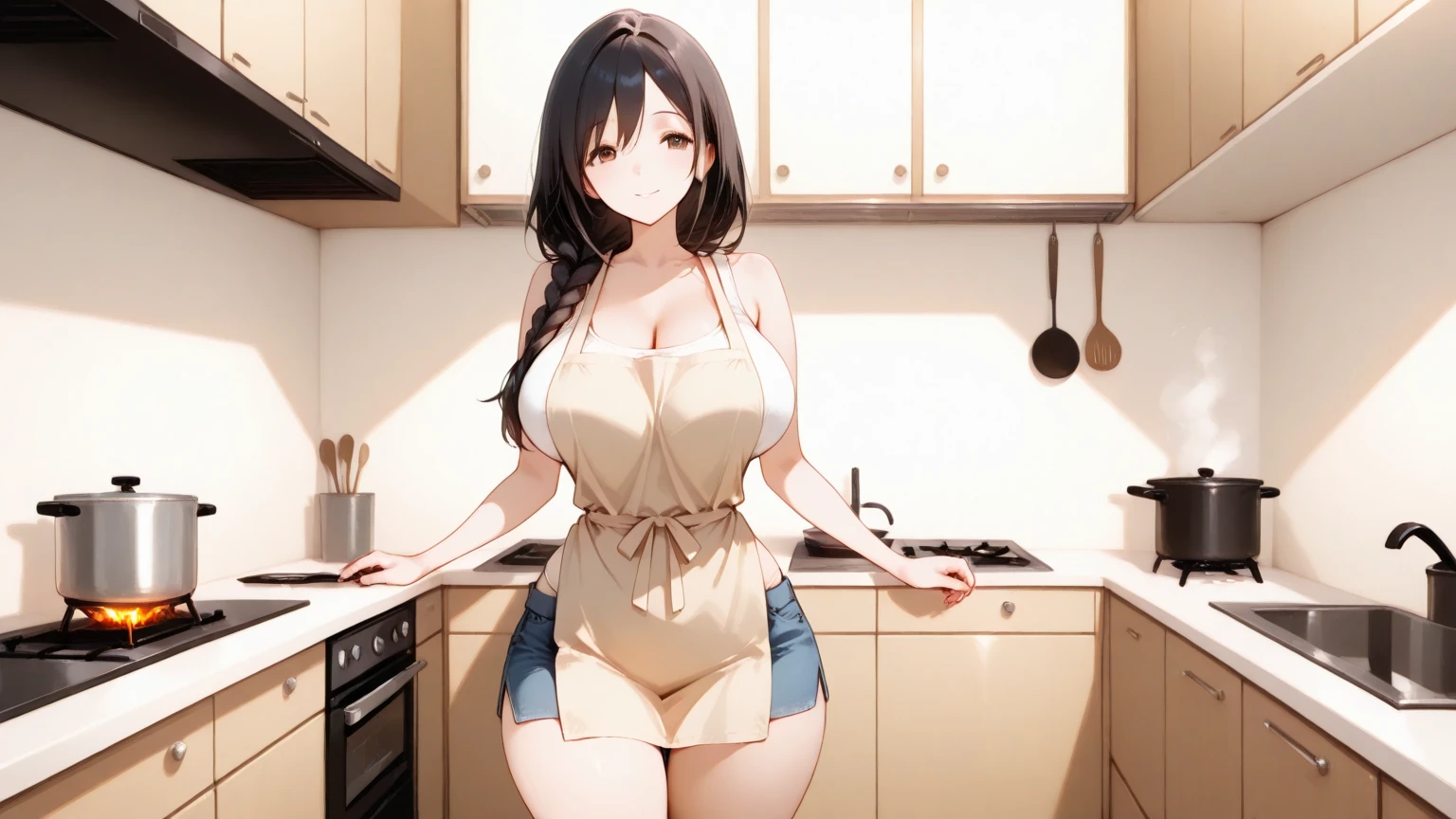 A tall and beautiful mature woman, shy expression, revealing thighs and shoulders, plump body and armpit hair, big breasts, wearing a naked apron, (apron broken to reveal the body), (uncovered body: 1.4) wife, in a kitchen, raised (bulge 1.4), sheer fabric, translucent fabric, wet fabric, translucent fabric, small apron, stretch apron,, shrink breasts, overflow breasts, large, thin fabric, imprint, huge breast imprint, apron too small, stretch apron, The apron stretch is too thin,