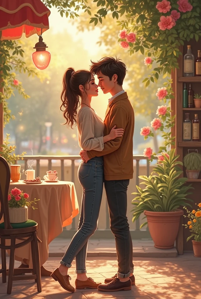 **Action:** The couple walks hand-in-hand, their fingers intertwined. They pause beside a charming little café with outdoor seating. The woman leans in close to the man, resting her head on his shoulder. He gently tilts her chin up, looking deeply into her eyes. 