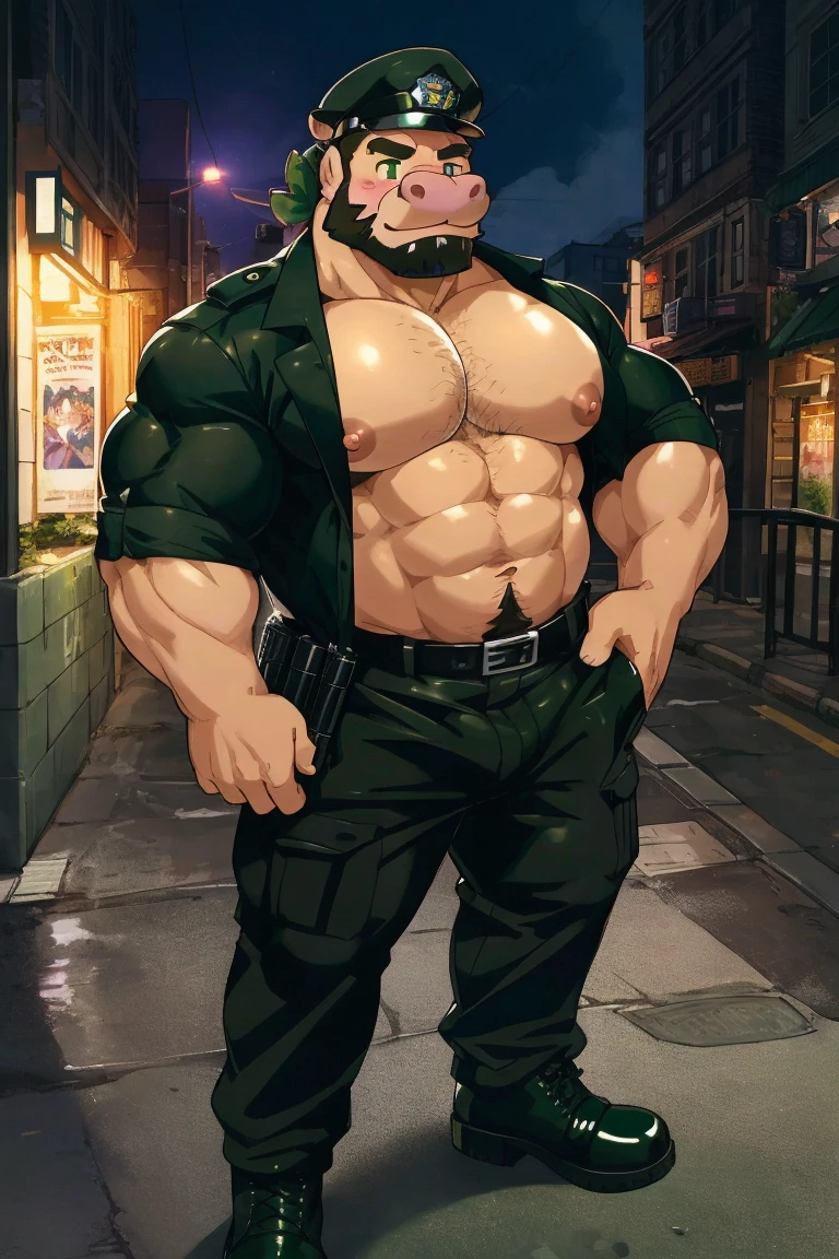 masterpiece, best quality, face, natural eyes, 1man, macho man,hunk and handsome , muscled and mature, stephen amell as a green arrow wearing totally unbuttoned pants, shirtless , showing nipples and privates sweating, tight cloth showing his muscles and bulge , full body , background city at night
