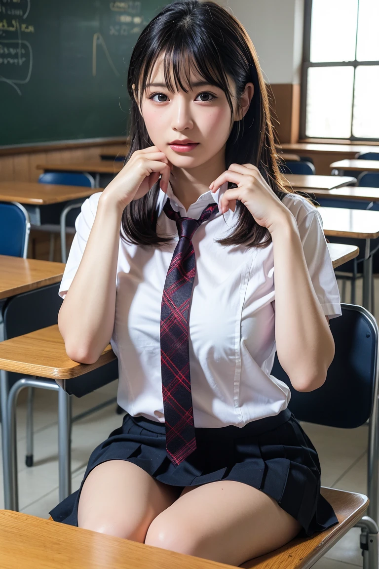 （tmasterpiece，best qualtiy：1.2），Surrealism female students，独奏，1girll，Koshita Kono，（shiny skins，wetted skin：1.2），Medium-sized breasts，perspired，A slight smil，Toothy，looking at viewert，sitted，校服，white  shirt，plaid skirts，upper legs，in the afternoon，Classroom surreal female students