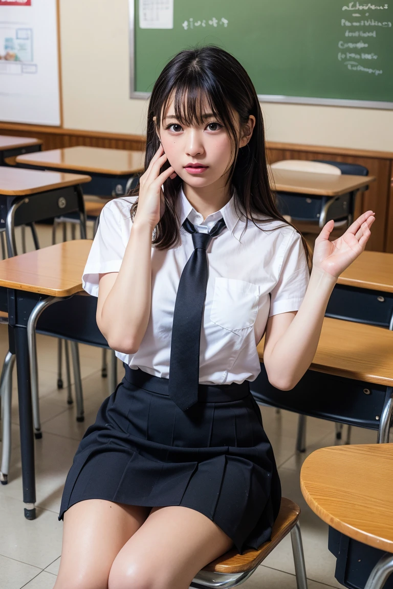Downblouse, 15 years old school girl , munechira,(((small breasts))), looking away, leaning forward,bending over , from side above , close up, necklace ,in classroom,short sleeved buttoned shirt, within white cute detailed bra , short hair,sitting on chair and writing in notepad,,8K, Best Quality, Masterpiece, Ultra High Resolution, (Realism: 1.4), Original Photo, (True Skin Texture: 1.3