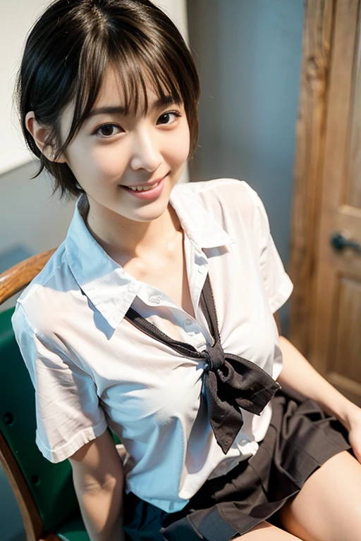 (8k, RAW photo, best quality, masterpiece:1.2), (realistic, photo-realistic:1.37), ultra-detailed,
1 girl,cute, solo,beautiful detailed sky,detailed cafe,night,sitting,dating,(nose blush),(smile:1.1),(closed mouth),large breasts, seductive smile, large aparture, professional lighting, Sony A7R4, Zessie 50mm F1.8,
medium breasts,beautiful detailed eyes,(collared shirt:1.1), bowtie,pleated skirt,(short hair:1.2),floating hair
