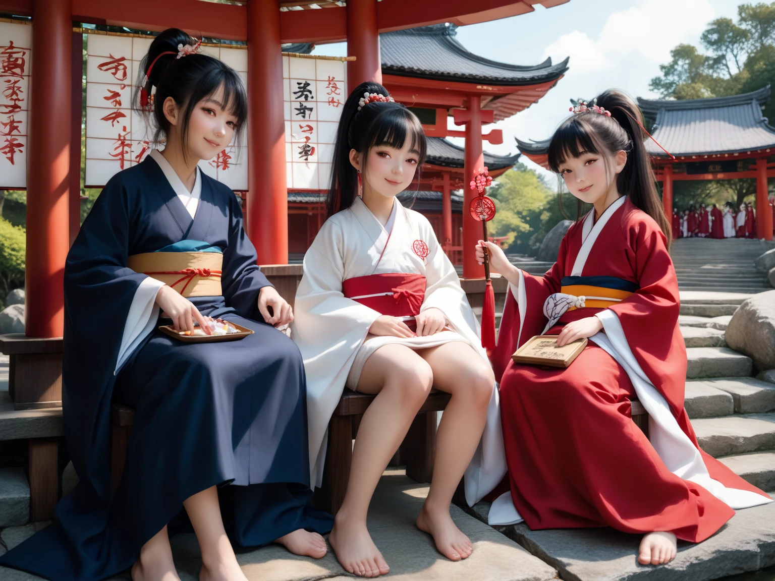 ((Masterpiece, best quality)),2 girls, black kimono, black tights, black ribbon, black hair, cherry blossoms, day, flower, bun, hair ribbon, Japanese clothing, kimono, long hair, looking at viewer, looking back, several girls, obi, outdoors, red eyes, red hair, ribbon, sandals, single bun, stairs, standing, statue, Torii, tree, white kimono, yellow eyes