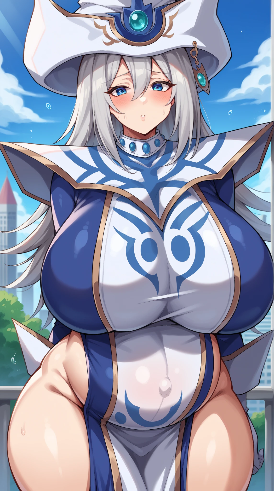 Silent magician, ropa apretada, poca piel visible, (( ruborizada, sonrisa)), pelo largo, cabello blanco, (( white hair)), sombrero blanco, Skinny body, chubby girl, gigantic sagging breast , monstruo de duelo, Iparuputsua, magic world background, mundo medieval .