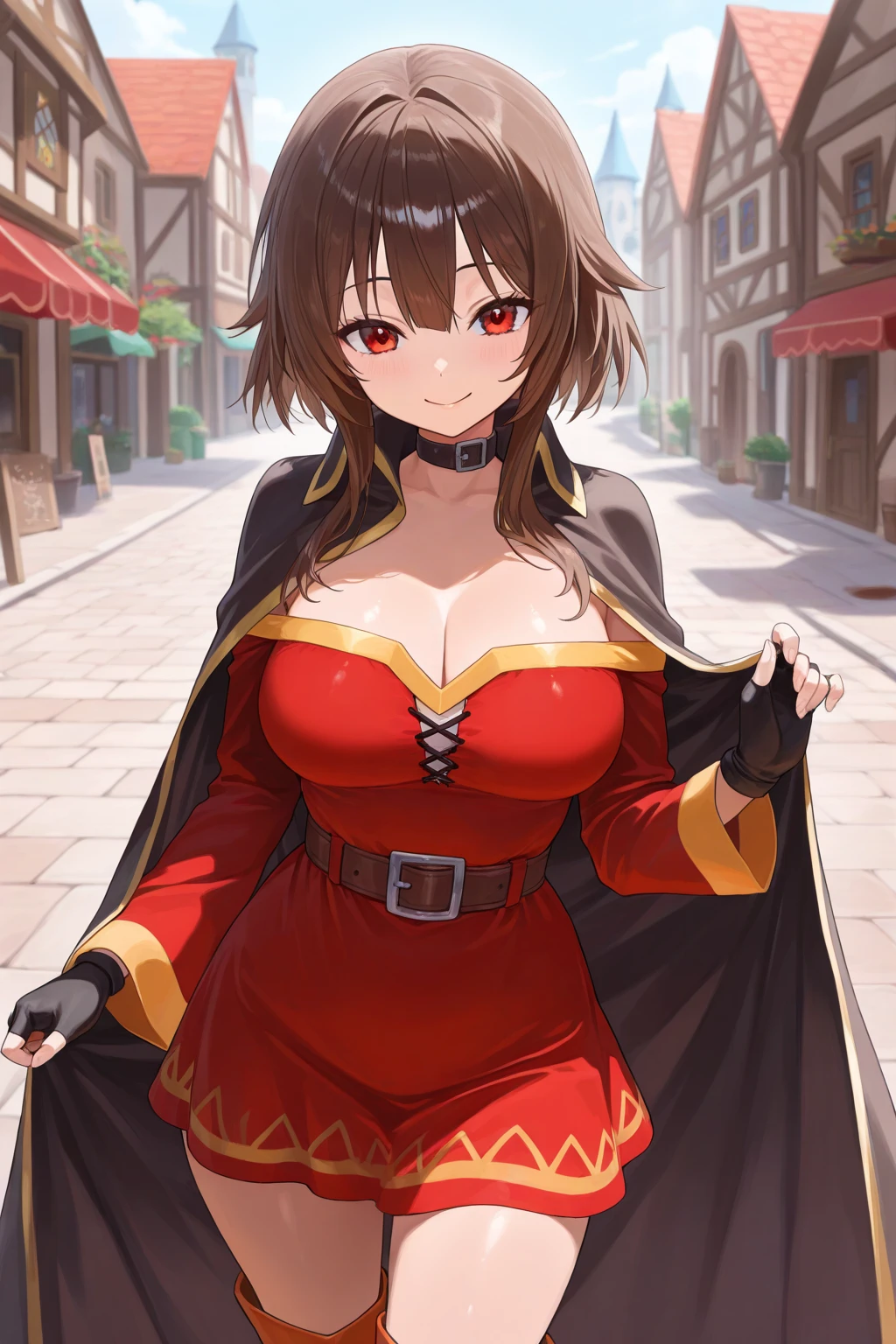 ((best quality)), ((masterpiece)), <lora:ErikoFinalFinalFix-000020:0.9> eriko, medium breasts, cleavage, bob cut, blunt bangs, purple eyes, +_+, symbol-shaped pupils, red dress, red capelet, black bra, (fur trim:1.1), black elbow gloves, knee boots, armored boots, reaching towards viewer, shaded face, :d, hand focus, outdoors, village