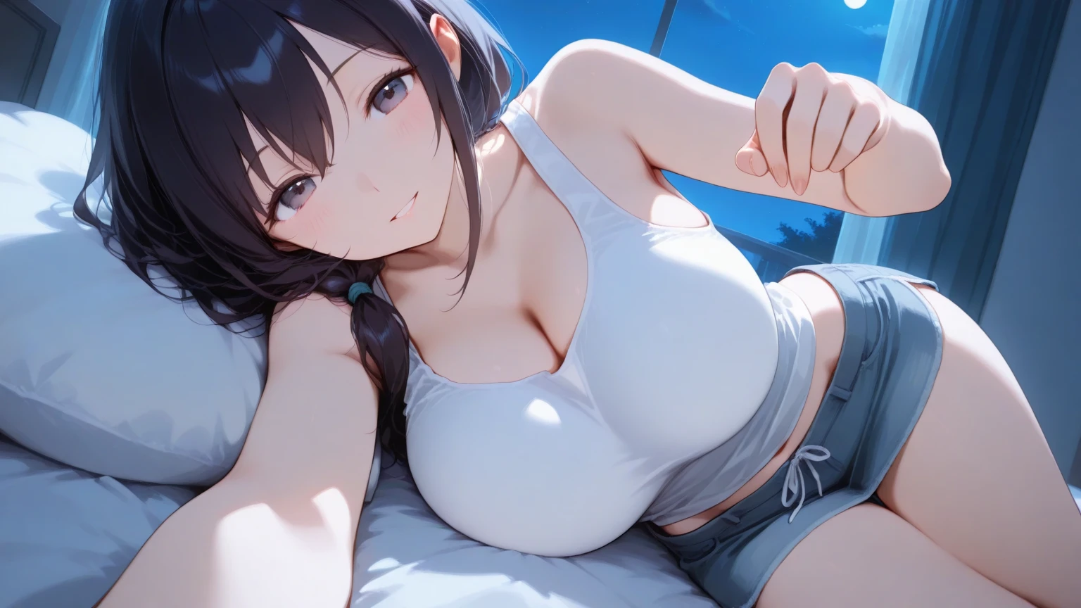 high school girl，Lewd，White swimsuit，Black Hair，Sexy pose
