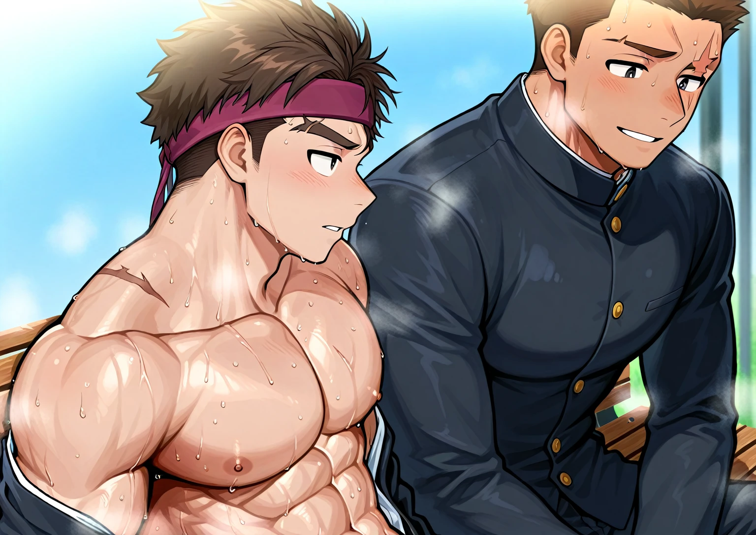 Danny Phantom, ghost, hypnosis, jock, conversion, locker room hallway, hyper muscles, jockstrap, bro, meathead, hypnotized, brainwashed, brainwashing, big dumb jock, football. Both are sneering. Cocky smirks. Glowing eyes. Hyper crotch bulge. Massive bulging crotch. Big balls. Big biceps. Big triceps. Big traps. Broad shoulders. Big meaty pecs. Big thighs. Thick glutes. Hyper muscles. Football team assimilation. Clothes turning into a football uniform. Danny Fenton turning into Dash Baxter. Black hair turning blonde. Twinning. Dash whispering in Danny Fenton's ear. Danny Fenton obeying Dash Baxter as Dash Baxter says, "Don't worry, Fenton. You'll like being me. Now shove that nerd into the locker like a good jock. You know you want to...."