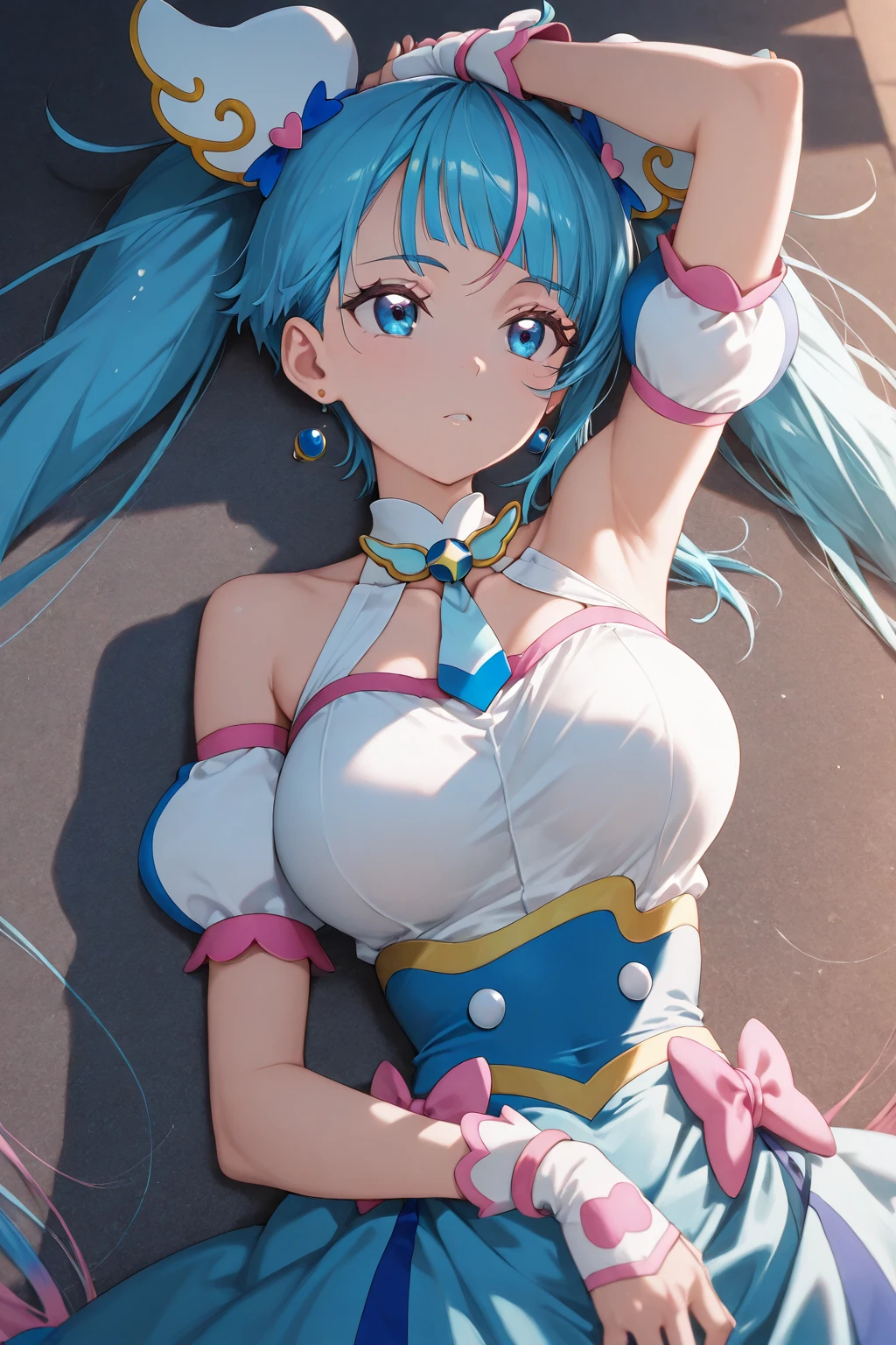 Absurd, Super detailedな,(In 8K:1.3),Masseter muscle area,(masterpiece:1.2)、(Highest quality)、4K、Super detailed、(Movement Structure:1.4)、(Shining Lights、Atmosphere lighting), High resolution, Best Quality、(One person:1.4),Super detailedな,Bright colors、Treebreak Production Art、(Warm color light source:1.2),High-level image quality、Fine image quality、Intricate details,Volumetric Lighting,Realism BREAK、Profile、 Idol face、15 years old、Very beautiful face and eyes, Beautiful images、natural make up、 big eyes,、 (full-body shot:1.3)、 (Big Tits)、(glossy skin :1.5)、(cleavage:1.2)、 (arms up、placard:1.5)、 (On the boxing ring:1.5)、 (light blue hair,short hair、blunt bangs、twintails、Red ribbon:1.2)、 (round girl:1.4)、 (cheerful),