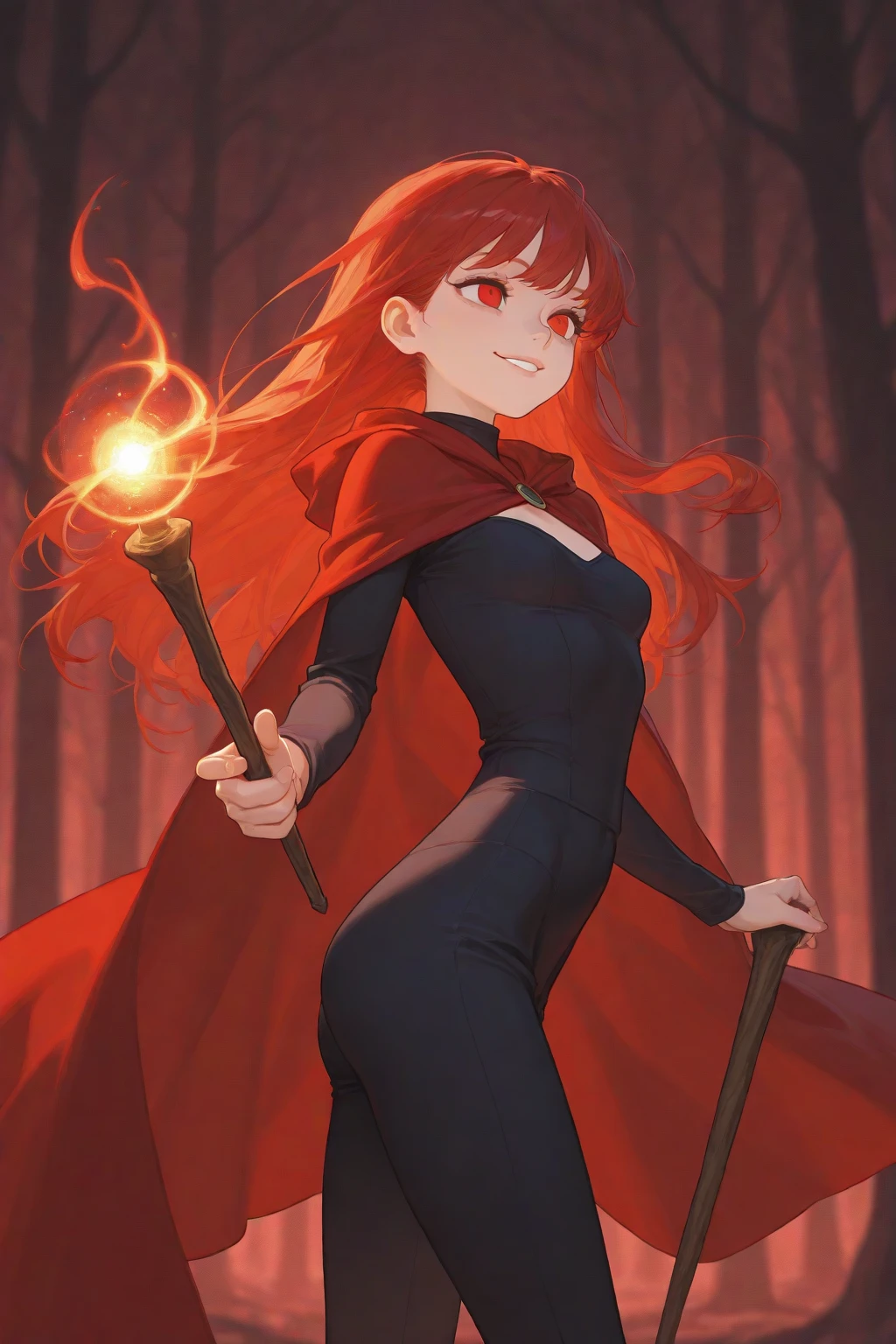 childish young sorceress with flowing red-orange hair and brilliant blue eyes wearing a sleeveless clingy black robe and carrying a magical scepter, skipping down a forest path