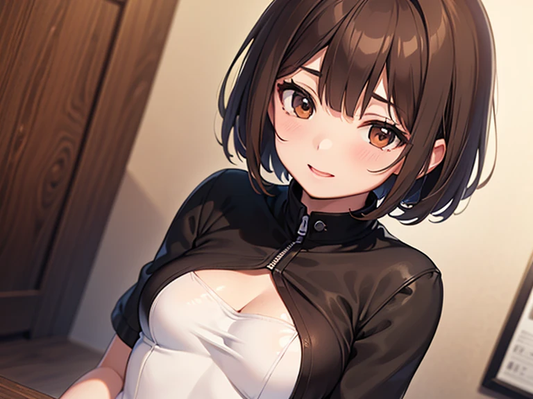 nsfw, Anime Style, Super precise illustration, Very detailed, beautiful, 8K,1 cute girl,(cute:1.3),Black Hair,short straight bangs, smile,Red eyes, stylish, Trendy clothes,(Spotted sunlight:1.2),Blurred,(Written boundary depth:1.1),Tilt your head,Squat,Large breasts,{best quality}, {very aesthetic}, {ultra-detailed}, {best illustration}, girl, nsfw, large breasts,