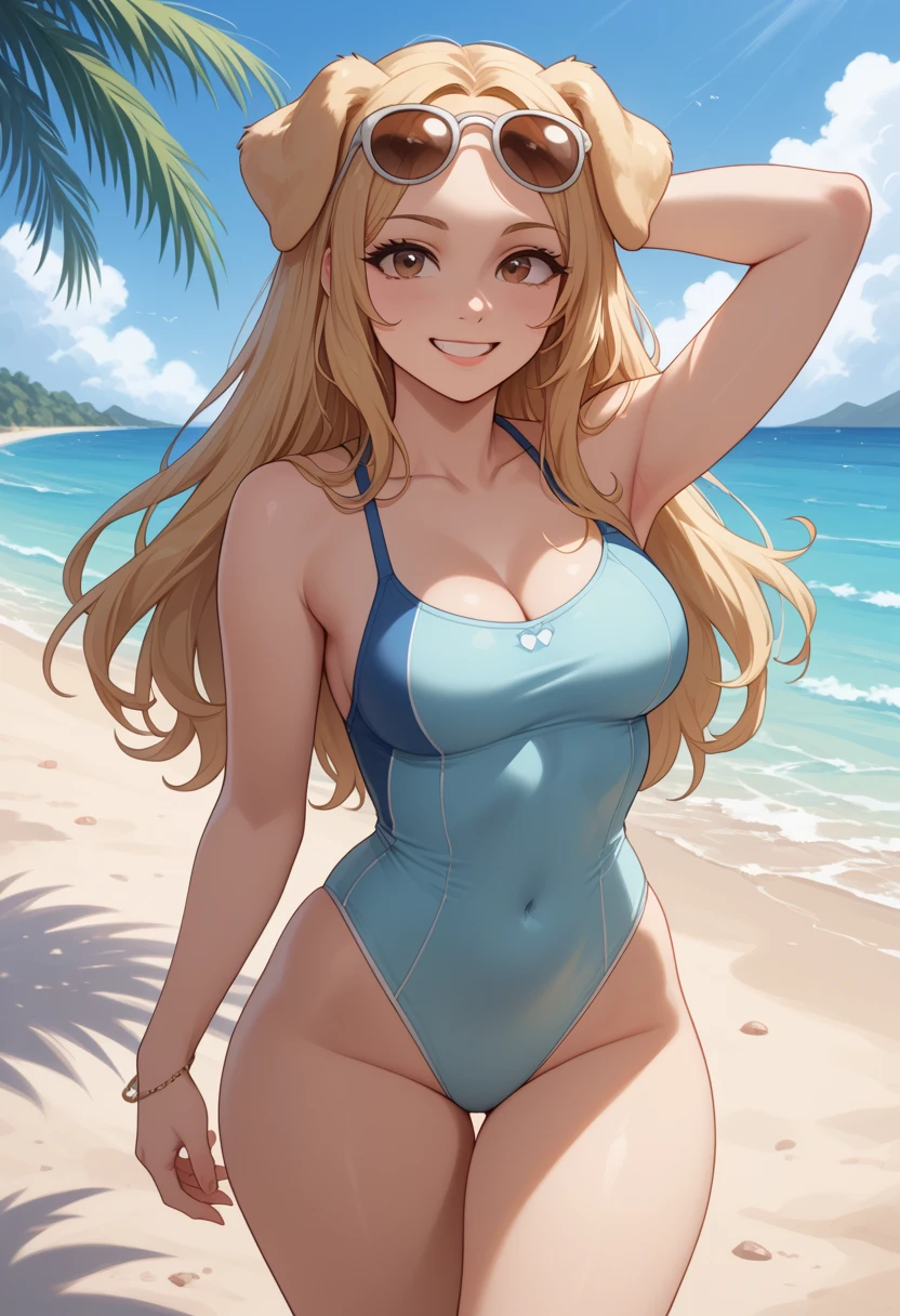 Masterpiece, super high quality, super detail, perfect drawing, solo, beautiful girl, bbw, one-piece type swimsuit with frills (watermelon pattern: 1.5), round big buttocks, white sandy beach, beautiful landscape, sunlight, natural light, sparkling water surface, accurate drawing, detailed drawing