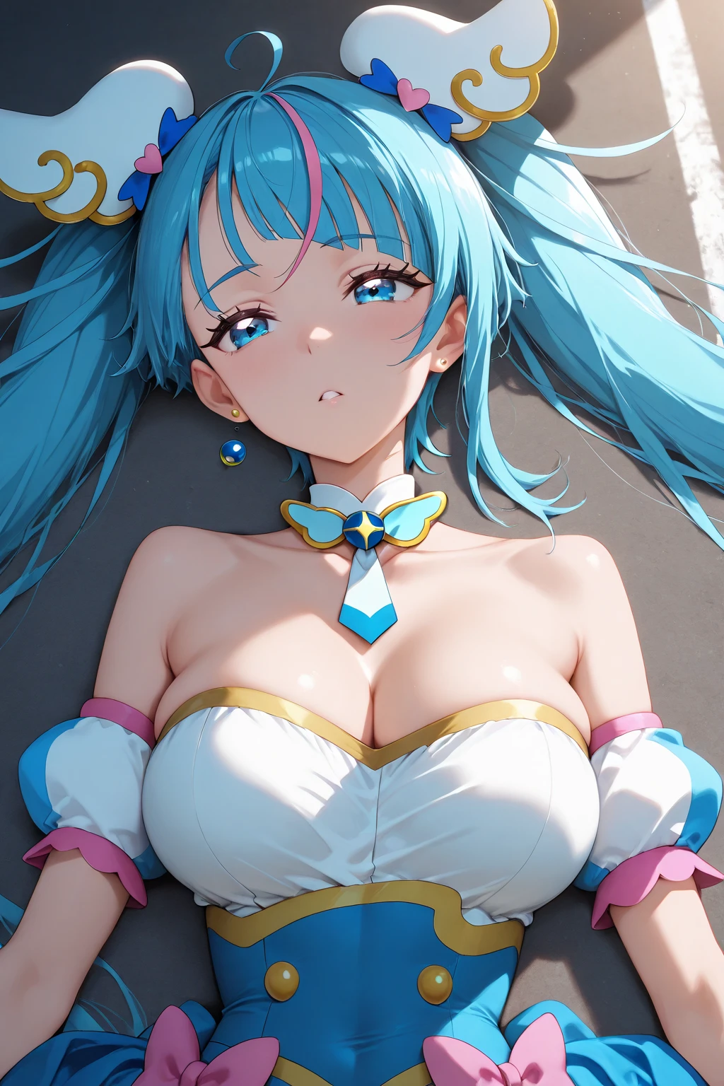 top quality, A high resolution, detailed background, Beautiful and toned face, Beautiful and smooth skin, Aqua Konosuba, (huge breasts:1.2), Mid thighs, (White micro bikini:1.2), white elbow-length gloves, looks at the viewer, camera from above, (Head close up:1.5), stands sideways