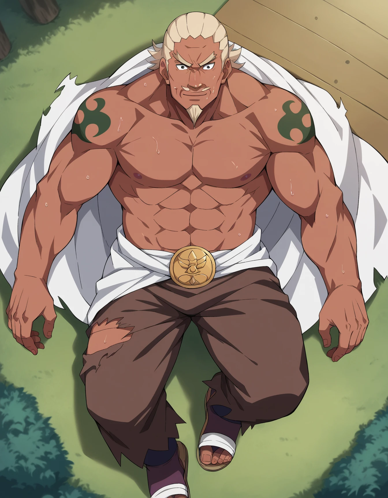 bang, anime, one punch, 1boy, old, solo, outdoors, forest, facial hair, mustache, white hair, legs apart, old man, beard, male focus, muscular, abs, standing, looking at viewer, detailed, best quality, <lora:Bang-10:0.8>