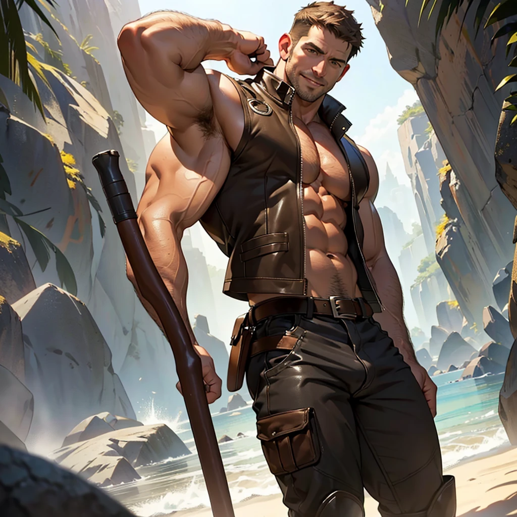 Male elf, handsome,asian, short hair, cute, pointed ears, wood elf, bowman, pull the bow, pull the bow, shooting bow, action pose, arrows, quiver, leather belt, chest guard, arm guard, shirtless, boots, full body,(Absurdres, intricate details, masterpiece, best quality, high resolution, 8k),(18 year old boy ,(pleased, pleasure face , blush, horny smirk, forest background, big bulge, nsfw