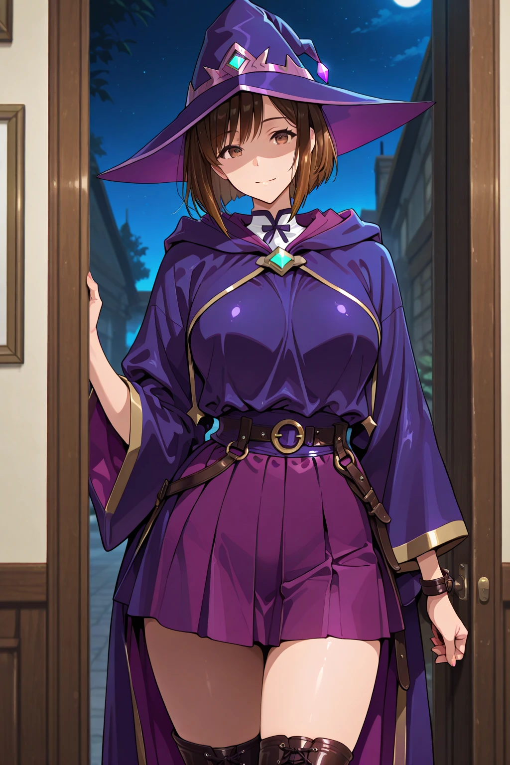 (masterpiece),(Highest quality), Ushiromiya Natsuhi, Long dress, Violet Dress, Side Ponytail, Earrings, Purple Shirt, Ascot, brooch, corset, Ankle boots, stage, Japanese Temples, Mountain, forest, (night), Looking at the audience, milky way,