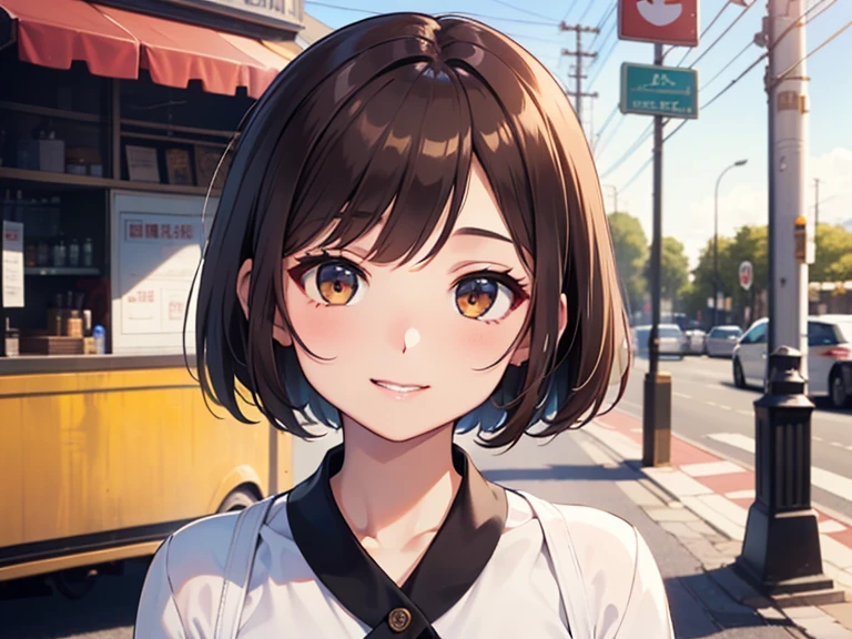 1girl, short hair, brown hair, white shirt, brown skirt, looking at viewer, smile, brown eyes, 