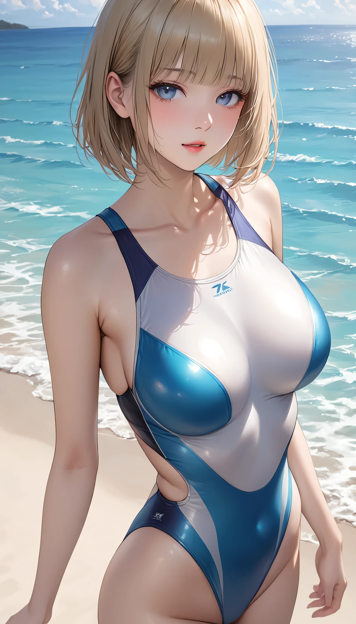(masterpiece:1.2), (highest quality:1.2),, Curvy but slender body, perfect eyes, perfect face, perfect lighting, 2 girls, ,on the beach,(standing position),(one piece swimsuit),(whole bodyのフルショット),(short hair),(smile),curly hair, fine clothes, detailed outdoor background, compensate, eye shadow, thick eyelashes, fantasy, looking at the viewer, whole body、blue sky、bright and beautiful face、young shiny glossy white shiny skin、the best beauty、the most beautiful bright blonde hair in the world、thin hair、short hair、Shining beautiful bangs、big shining blue eyes、very beautiful and nice 18 years old, the most beautiful girl in the world、big breasts