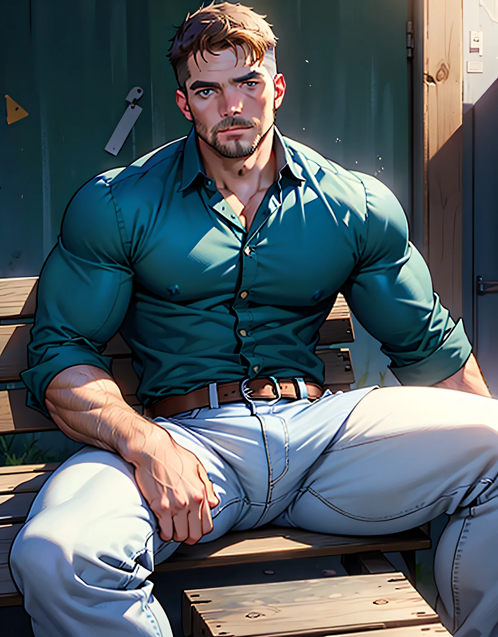 20 years old, big eyes, male, stubble, short hair, huge muscles, exaggerated muscles, mature man, muscle swelling, bodybuilding, pectoral muscles, abs, sitting on blanket, gift streamers on the courier box, express box, sky blue shirt, open shirt, khaki white wide-brimmed sweatpants, high-top sneakers, natural light, wet body, wheat-colored skin, 1man, tattoo on forearm, large number of courier boxes on blankets, express boxes stacked up, legs stretched forward,