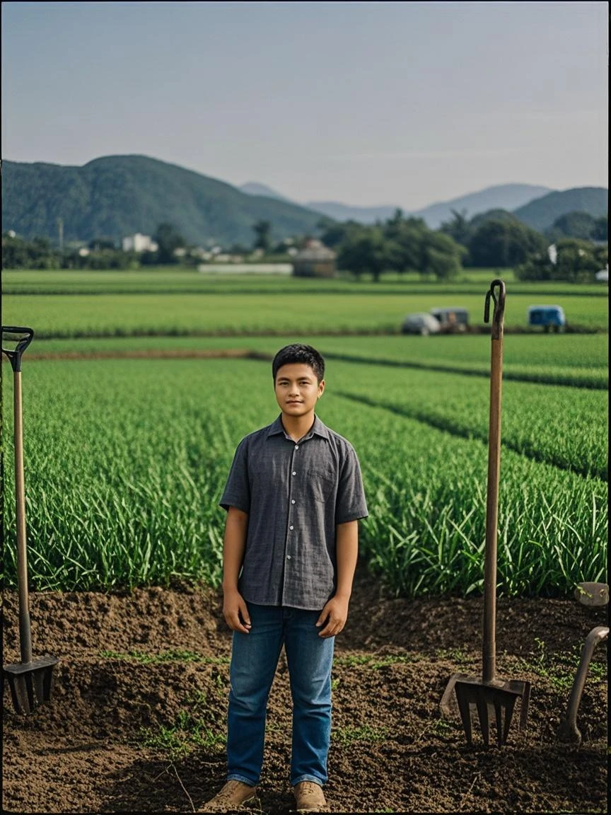 /imagine a Japanese child in the middle of an agricultural harvest with a poor face --auto