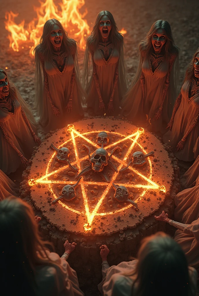 The scene of a horror movie: a girl cut to pieces, dismembered, blood everywhere, a pentagram made of fire, melting bodies, decapitated heads.