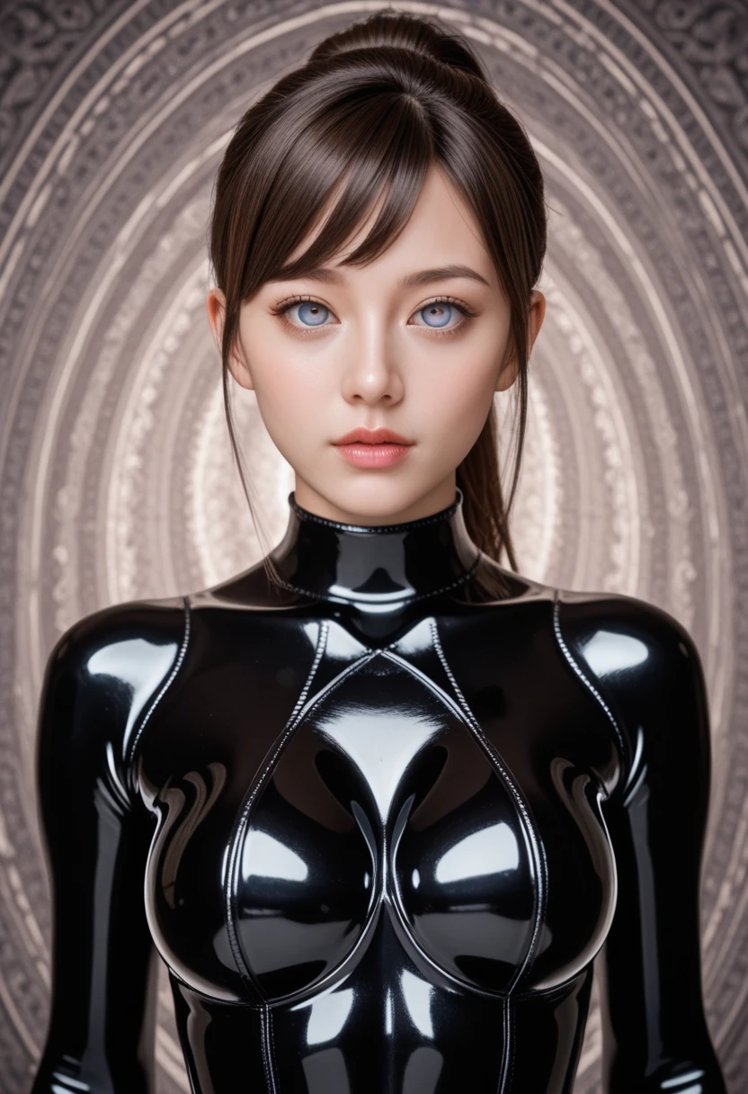 solo, super high image, super detail, super high resolution, latex body suit, perfect beautiful female, round face and eyes, droopy eyes, double eyelids, blue sparkling big eyes, glossy short hair, red alluring moist big thick lips, amorous expression, lewd expression, ahegao, orgasm, flat chest, abs, slender, on the bed, professional lighting