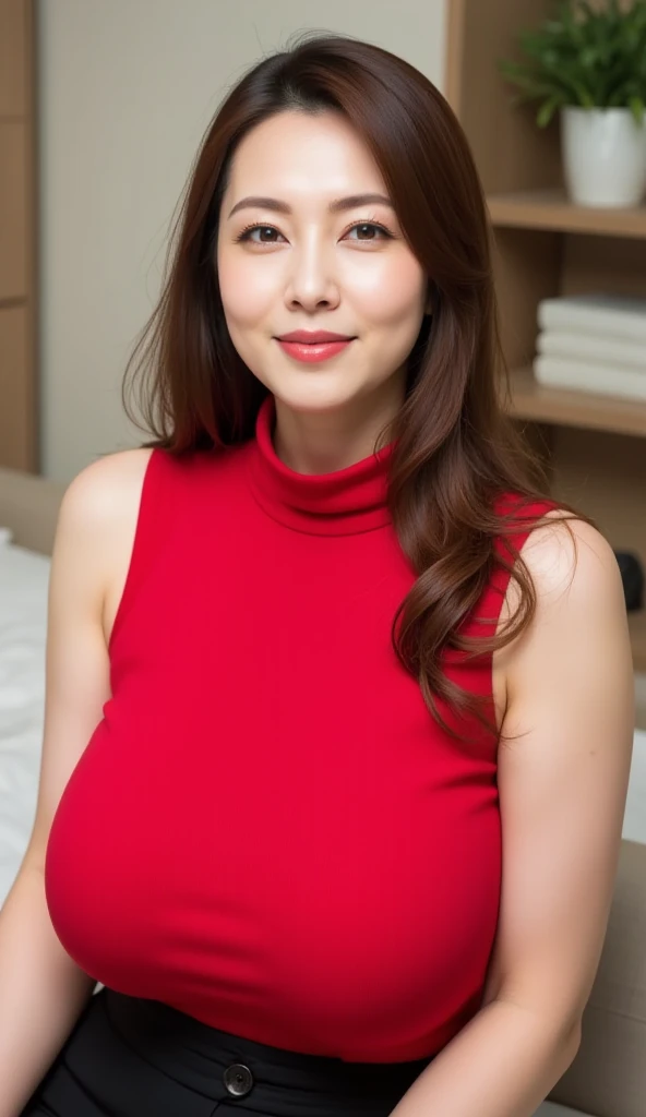 ((highest quality、8k、masterpiece:1.3))、Photorealistic, Sharp focus, high resolution, High resolution, Portraiture, alone, Japanese, Middle-aged women, Beautiful woman, 26 years old、Big Breasts、She is dressed in a red casual dress、In an apartment