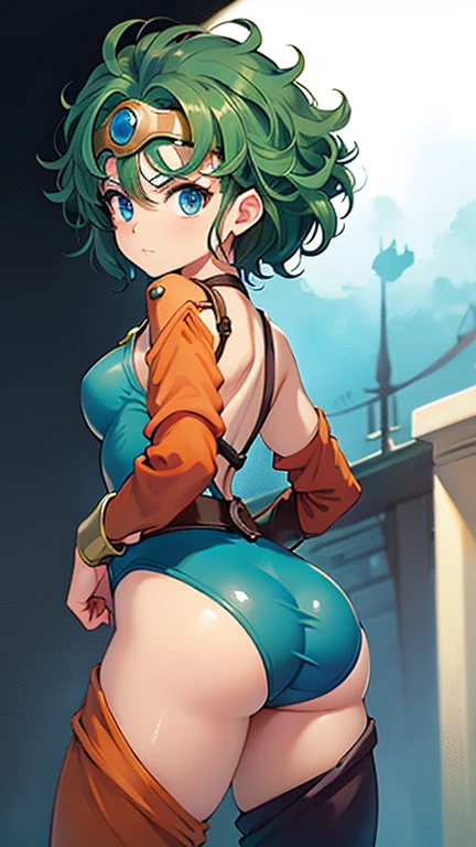 (masterpiece, best quality:1.2), cowboy shot, solo, 1girl, tatsumaki, lustful, closed mouth, looking at the viewer, ass, wide hips, shirt, thong, short shorts, squats, spread legs, blue sky, erotica,