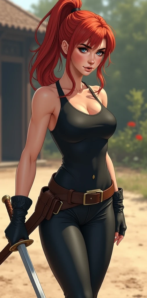 1girl, natural lighting, masterpiece, highly detailed, illustration, game CG, absurdres, high quality, medium breasts, (freckles), redhead, curly hair, ponytail, glossy lips, looking at viewer, lips parted, standing, forest, leather vest, short shorts, large knife