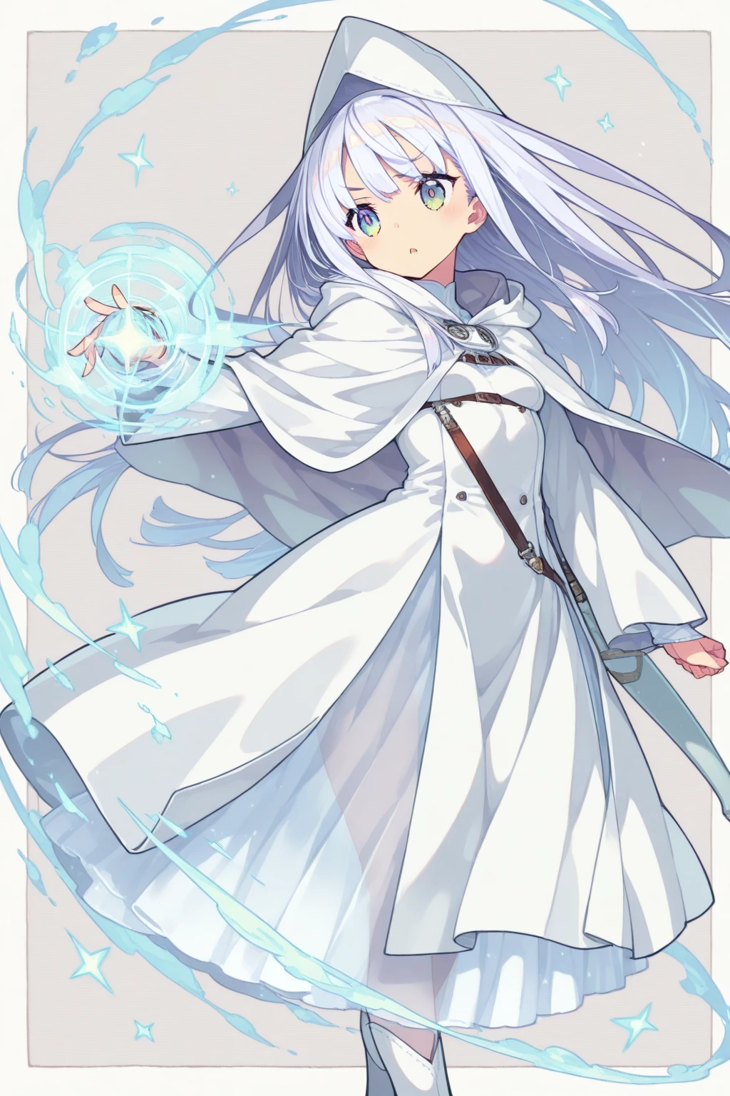 masterpiece, best quality, Ultra-high quality CG, Elijah I, 1 girl, Solitary, Long hair, Looking at the audience, skirt, shirt, Long sleeve, Keep, Hair between the eyes, Medium breasts, Keep your mouth shut, clavicle, Cowboy shooting, pleated skirt, Open your clothes, hood, Wide sleeves, black skirt, Blue Background, hood down, staff, robe, green shirt, Keep staff, Monster duel, ribbed shirt, open robe, hooded robe