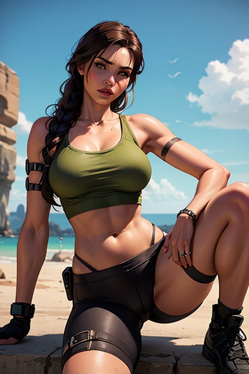 best quality, super fine, 8k, game, tomb raider, beautiful lara croft, crop tank-top, costume, abs, equipment, cliff, mountain path, valley floor, river, landscape