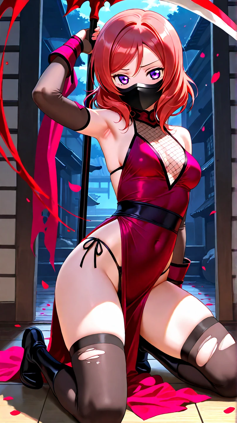 Ninja suit, ninja pose, long red scarf, huge tits Rubor, red eyes, Japanese garden in the background,Transparent mesh on the tits
