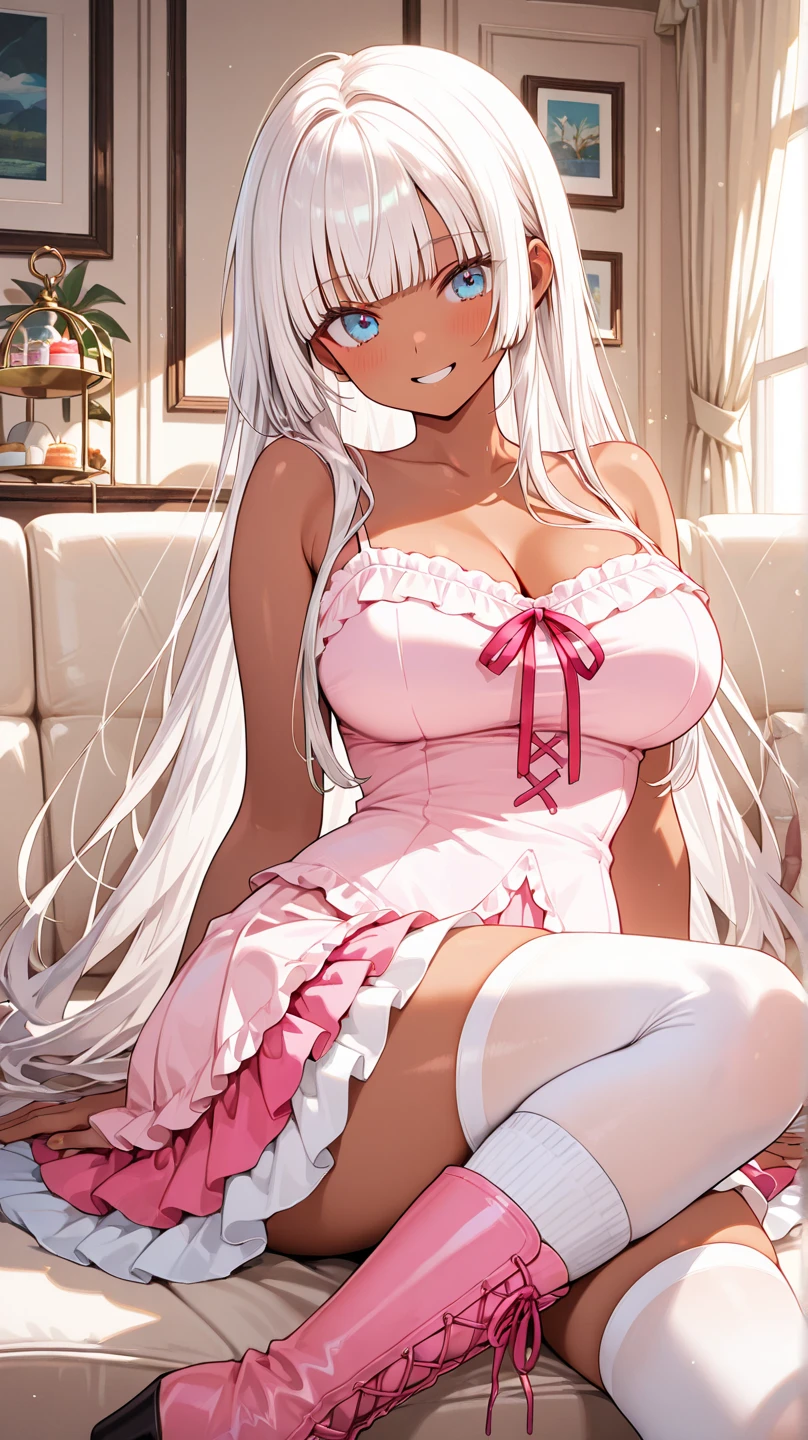 (1 girl), Red eyes,long hair,, big lips, anime, beautiful lips,, ((Best quality)), Soft fill, a high resolution, hourglass body, , sexy POV video, big lips, White hair, ((Red eyes)), , big lips,x ornament, ornament, Duck face, Accent on the lips, in pink clothes, в юбке, в полный рост, Красивая платиновая бимбо, с пышными толстыми губами, с длинными волосами, с большим круглым бюстом, торчащий бюст Е, сидит в жёлтой красивой майке, в коженный облигающих легинсах