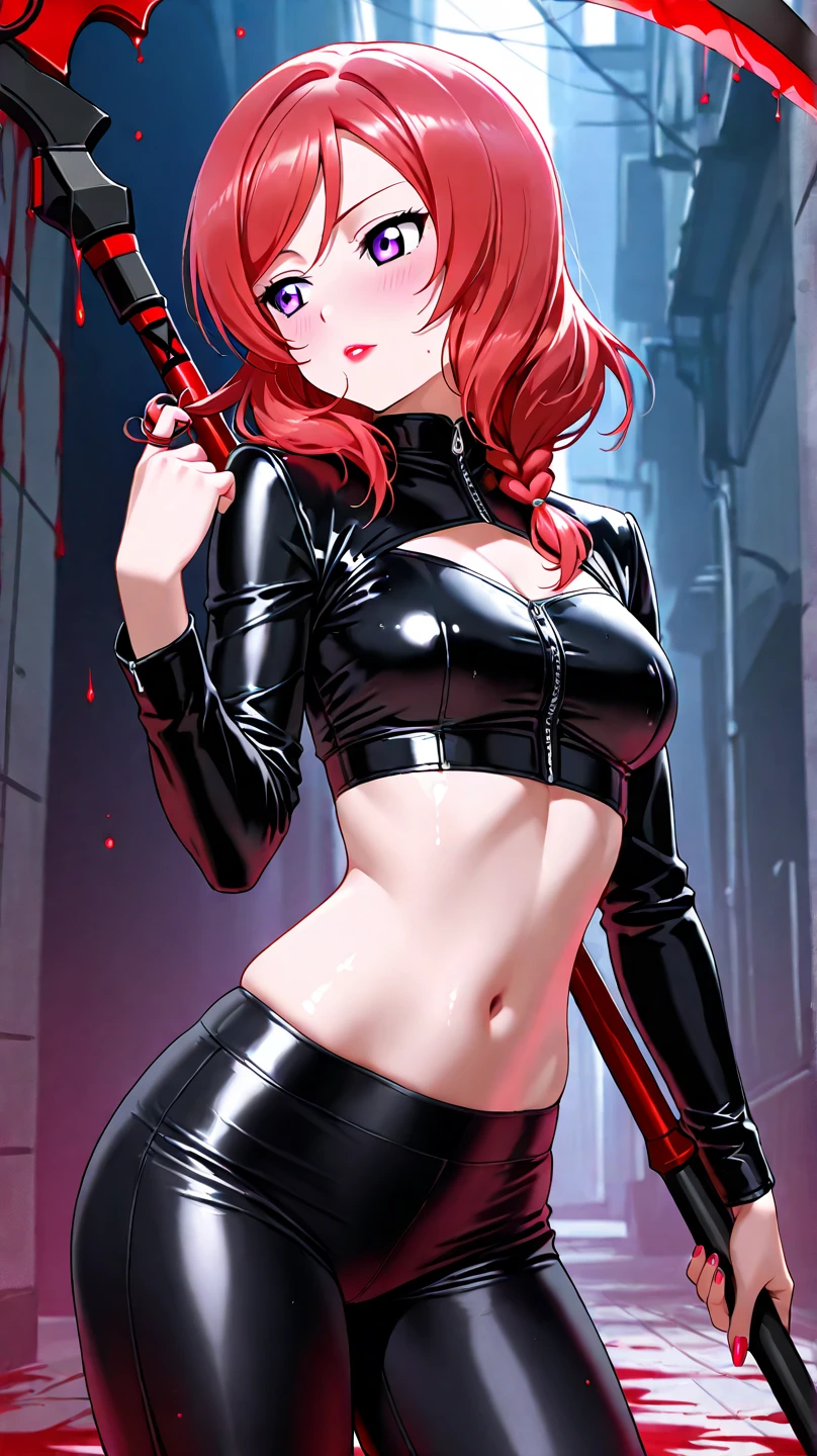 The image features a girl known as Black Widow with red, shoulder-length hair, and dressed in a sleek skin-tight shiny black latex bodysuit with a deep-cut zipper neckline revealing a large chest, the silver zipper running down the front. The suit is complemented by her golden wrist guard on both wrists and a black silver belt made of shiny black circles with a red "black widow" symbol buckle. She handles an AK-74 rifle with her right hand, one on top of the other. She is set against a dark, black background, which contrasts her appearance and emphasizes her figure. From her intense gaze and serious expression, she appears confident, powerful, and ready for action.