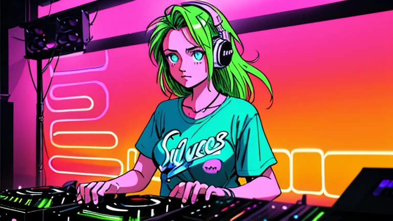 anime, DJ Girl, DJ, DJ girl, Headphones, Highly praised, (Best image quality),masterpiece,Highest quality,extremely detailed CG wallpaper, Ultra_detailed,(Cinema Lighting:1.1), (Cold Face), Green Eyes, One person, alone, Dark Green_hair, short_hair, masterpiece, Highest quality, Glasses, (See-through)