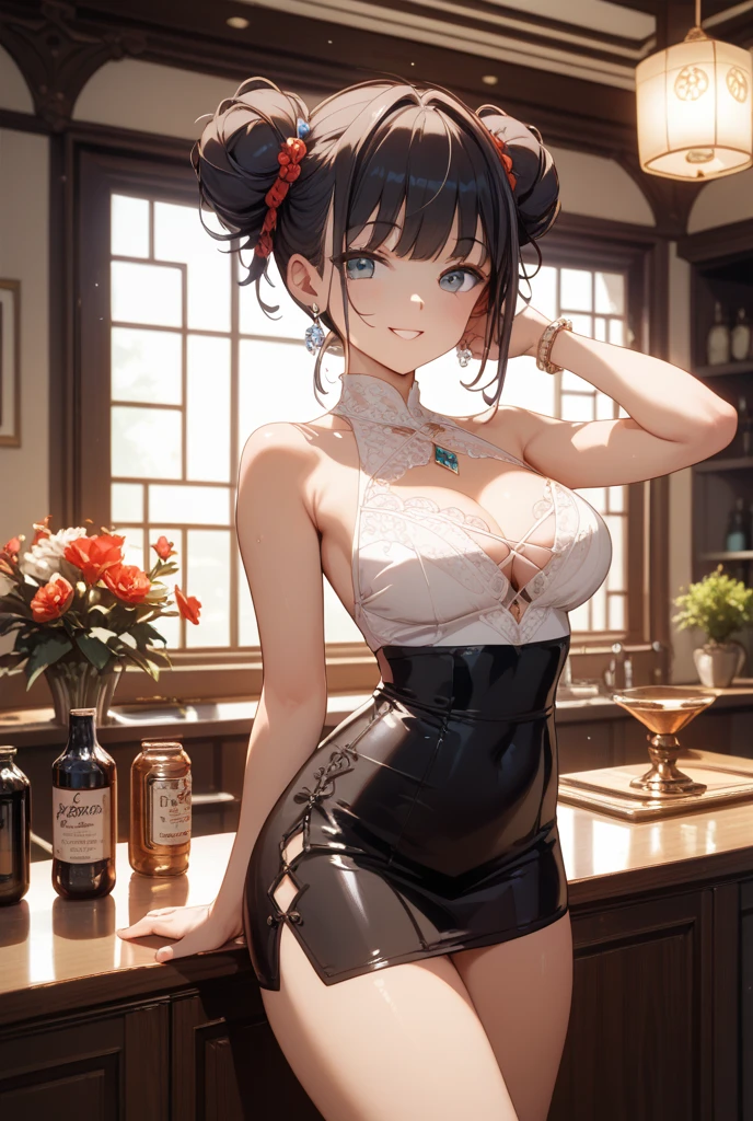 masterpiece, top quality, super detailed, high resolution, (ink painting style), excellent anatomy, 1 beautiful woman, thin waist, raised sexy, medium breasts:1.2, amazing cleavage:1.2, solo, looking at viewer, have a cute glass, black hair, blue eyes, dress, bare shoulders, jewelry, collarbone, sidelocks, hairband, earrings, indoors, off shoulder, sweater, plant, short hair with long locks, white hairband, off-shoulder dress, sweater dress, off-shoulder sweater, red sweater, big side hair, very long side hair, exquisite, (depth of field), scene of cooking in the kitchen, best light, best shadow, mysterious, perfect face, highly detailed,