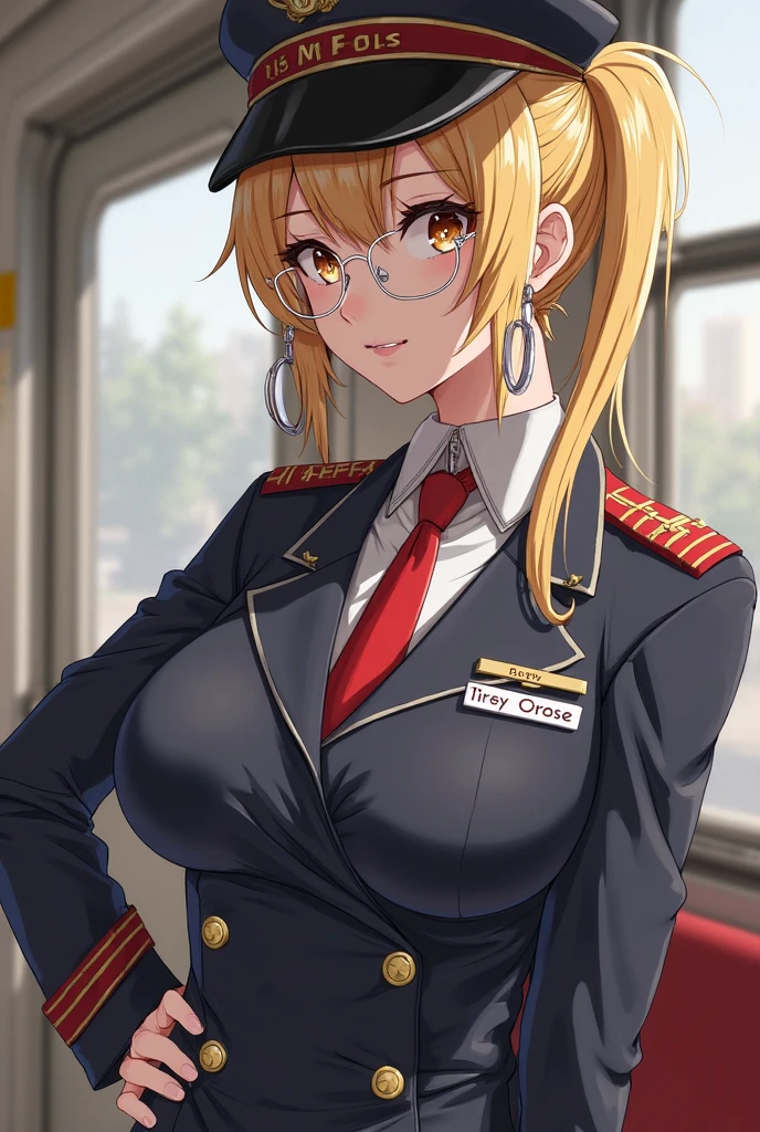 masterpiece, best quality, highres, aanitta, (very long hair), (black peaked cap), earrings, big breasts, cleavage, muscular body, military uniform, epaulettes, badges, (black shirt:1.2), (gold trim), (bulletproof vest), (red ascot), black sleeves, long sleeves, (black cargo pants), utility belt, (belt pouches), cargo pants, (white gloves), cowboy shot, standing, (holding the pole), (serious facial expression),  sweat, facing the viewer, looking at the viewer, (subway train car), stuffy, hot