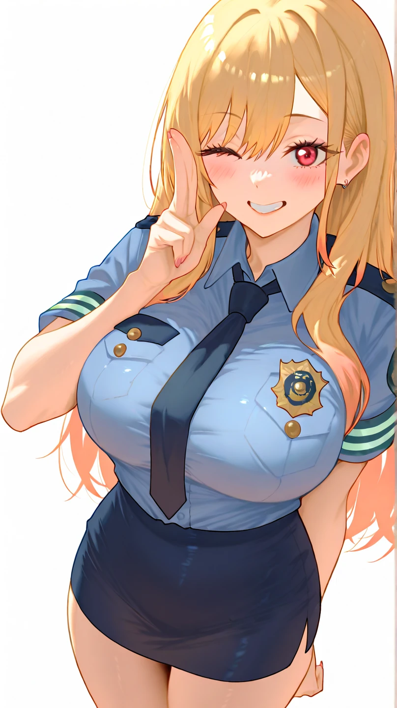 , (Spread your legs)、 (White panties), Female police officer, Blue Uniform、Mini Skirt Police、White shirt, sunny, Mature Woman, Anime Cel Style, Highest quality, High resolution, One Girl, (Large Breasts:1.2), Beautiful Face, Beautiful fingers, Beautiful long legs, Beautiful body, Beautiful Nose, Beautiful character design, blonde, bangs, blue eyes, Show Viewer, Cowboy Shot, blush、Embarrassed look、Nipples are visible、 、