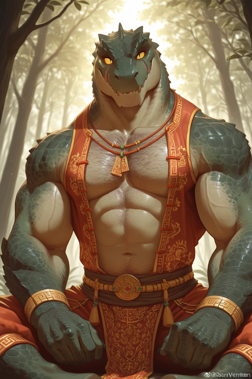 quarter view, close up view, looking at viewer, third person view, sitting on stone wall near pool of water, a beautiful and detailed portrait of a anthromorphic male alligator, (green scales, green skin, red tattoos on body), ((tribal)), scalie, brown boots, muscular, happy, bedroom eyes, alligator tail, kenket, Ross Tran,ruan jia, trending on artstation,foxovh, cenematic lighting, vip, body, full body, sitting, dynamic pose, (((park)) happy, (((wearing white loincloth))), crotch bulge, covering self, front view, cartoonish yellow eyes, Pixar eyes, Dreamworks eyes, light raining background