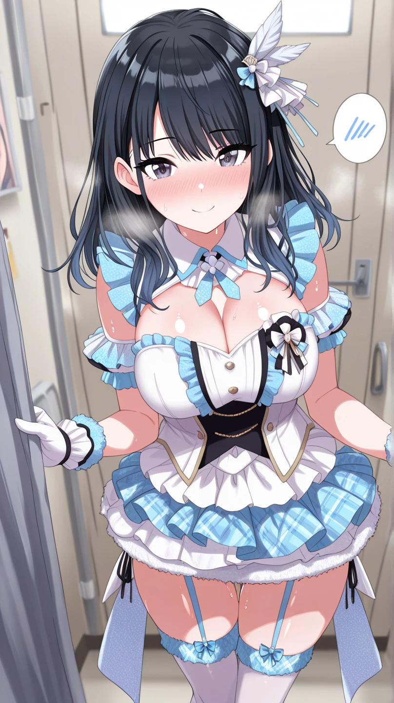 ((Highest quality)), ((masterpiece)), (detailed), One person,Age 25,Race Queen,(White mini skirt),(Blue tops),(Open the buttons on your shirt),Navel exposed,Big Breasts,blush,Underbust,(Her cleavage is visible),(Excited expression),(Seduce),night,circuit,Dim lighting,(暗いnightの背景),(Dimly lit changing room),(Dirty changing rooms),Browsing Caution,sexy,(Side Angle),(Bring your hands together)Sweat,(Black garter belt),(Move your tongue up and down),