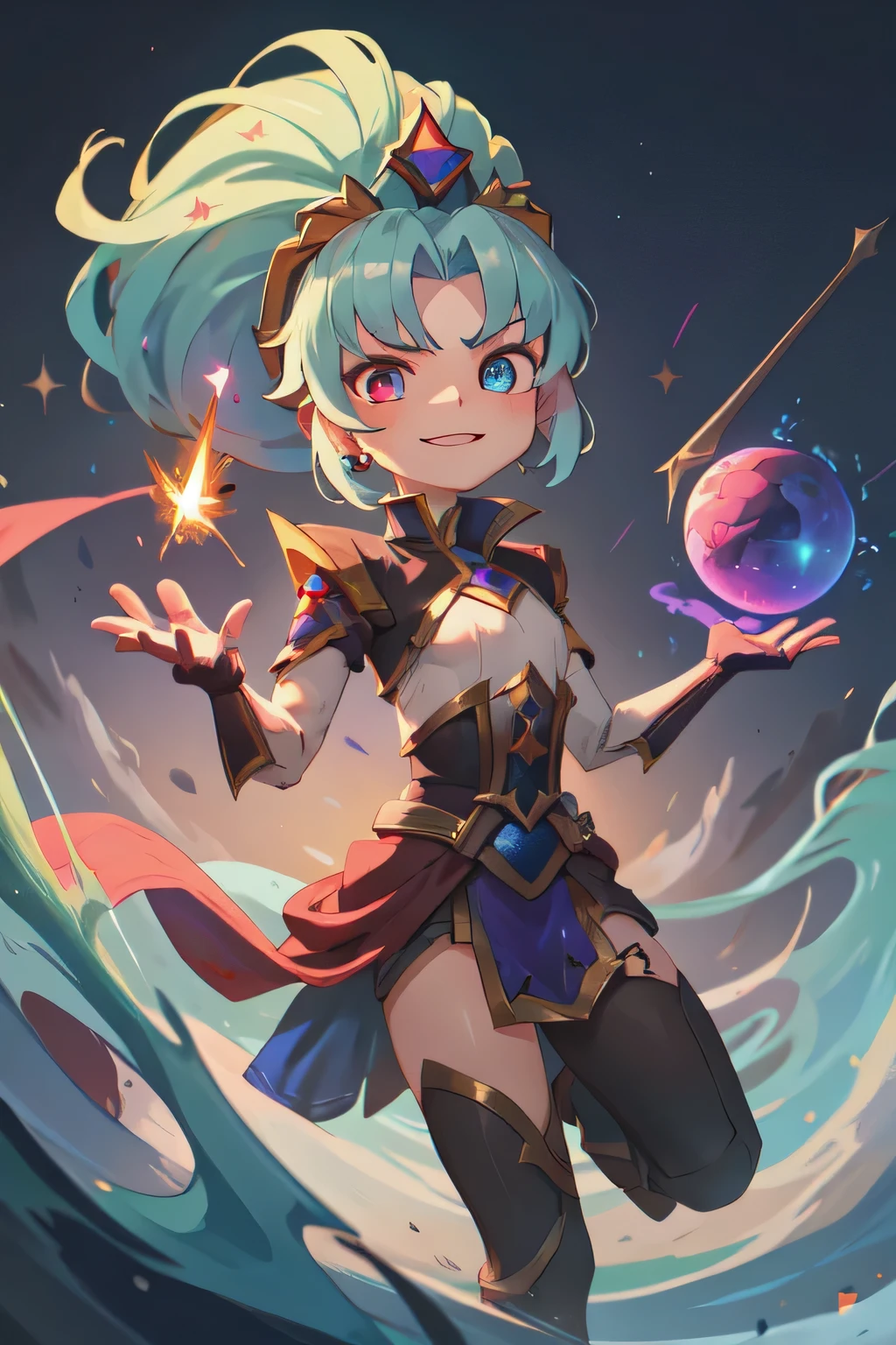 Elyra , The Sovereign of the Threshold, is ancient multiverse entity with the appearance of a young princess Cosmic with golden eyes and blue hair with gold sparkles, that floats between realities as the guardian of an inevitable destiny. Although she is usually laughing and ethereal, inside she carries an unfathomable sadness, the result of countless cycles where she has had to face heroes who try to change what is written. Armed with a crimson spear and a crooked crown that was once a symbol of her greatness, Elyra lucha no por odio, but out of duty, being at the same time a harbinger of the end... and a spark of possible rebirth.