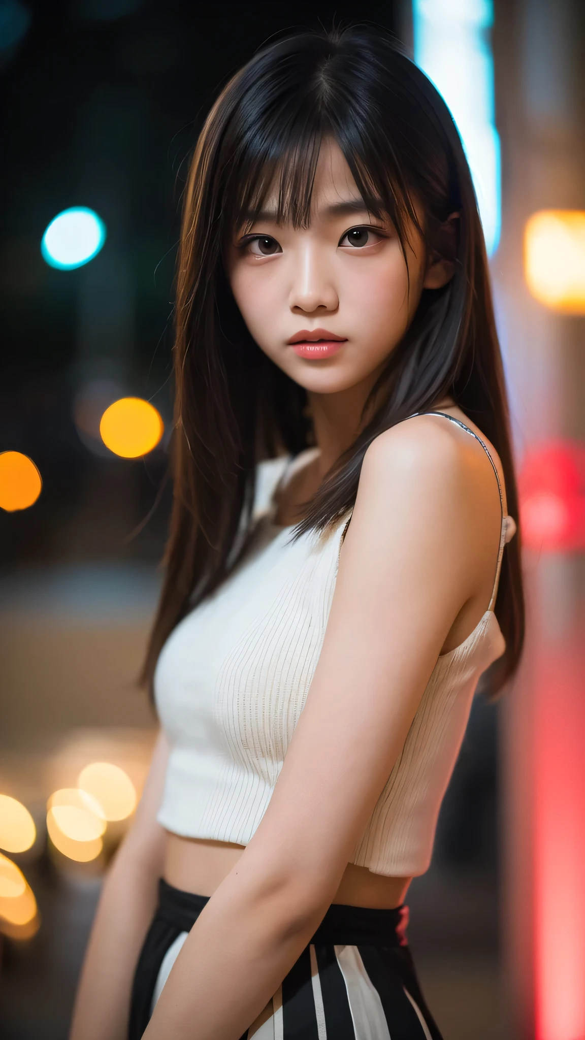 lens: 135mm f1.8,(Highest quality),(Tabletop:1.1), (Beautiful 14 year old Japanese girl), (Moist lips), Narrow eyes, double eyelid,Delicate clavicle,Flat Chest,Shortcuts,
(Let me me'Let me'Let's take another look), shame, A faint smile,
(Late night park:1.2), Dramatic lighting,
(White camisole), (Sunburned skin:0.2),Full body photo、Full Body Focus