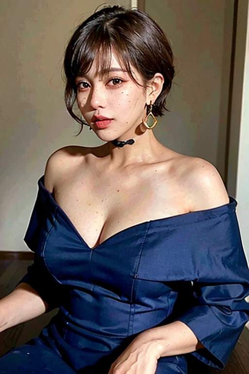 (In the carriage),Outside the carriage is forest,night,1girl,solosolyserious,expressionless,(ugly face:2.4),First eyelid,simple eyes,browneyes,bowl cut hair ,black hair,((No hair on the cheeks)),long hair,messy hair,((,massive boobs)),massive thighs,Nipples,Nobility dresses,off-shoulder dresses,Breast cleavage,Gorgeous dress,Bright colored dresses