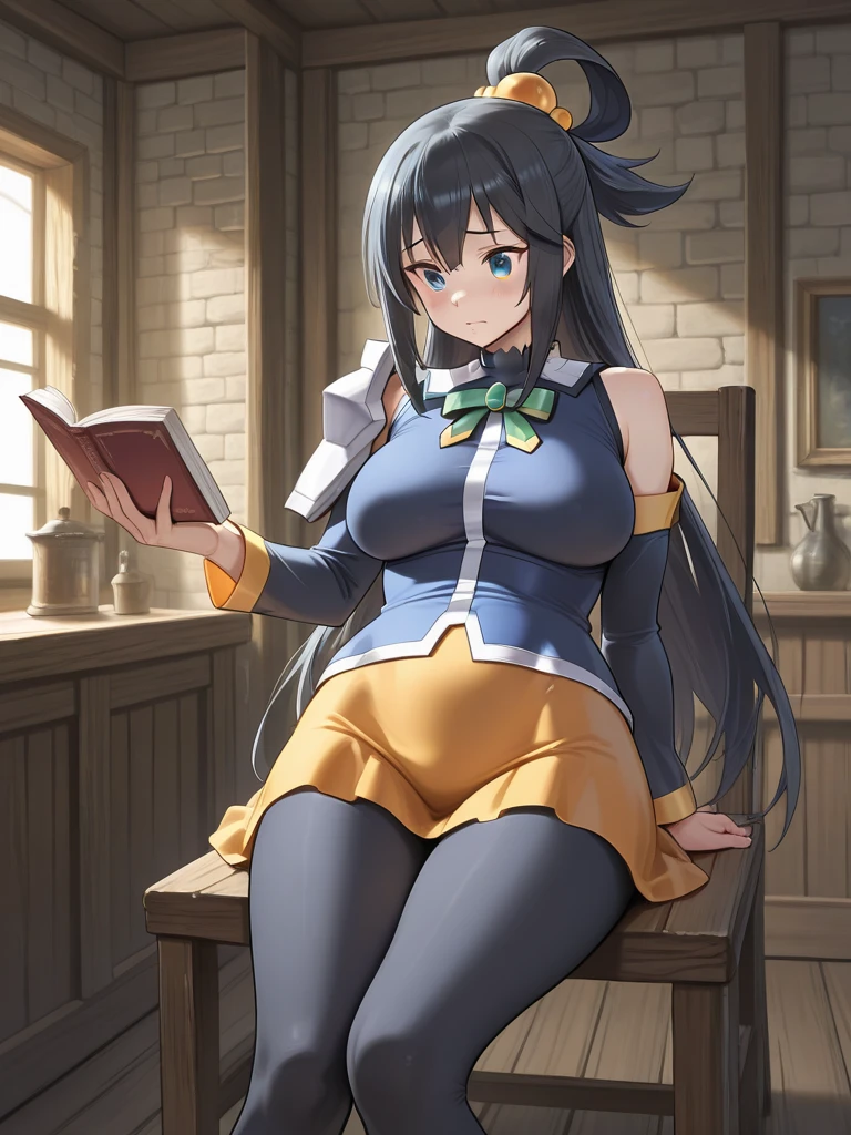 masterpiece, best quality, detailed face, <lora:HUAshley:0.5>, HUAshley, black hair, blue hair, gradient hair, brown eyes, (fantasy), semi-rimless eyewear, hooded jacket, jingle bell, cat ears, cat tail, miniskirt, zettai ryouiki, thighhighs, corset, detached sleeves, boots, vial, belt, thigh strap, frills, cleavage, white shirt, indoors, library, <lora:KnightsInTheNightmare:0.4>, <lora:cts_a3:0.4>, sitting, wooden chair, wooden table, book,
