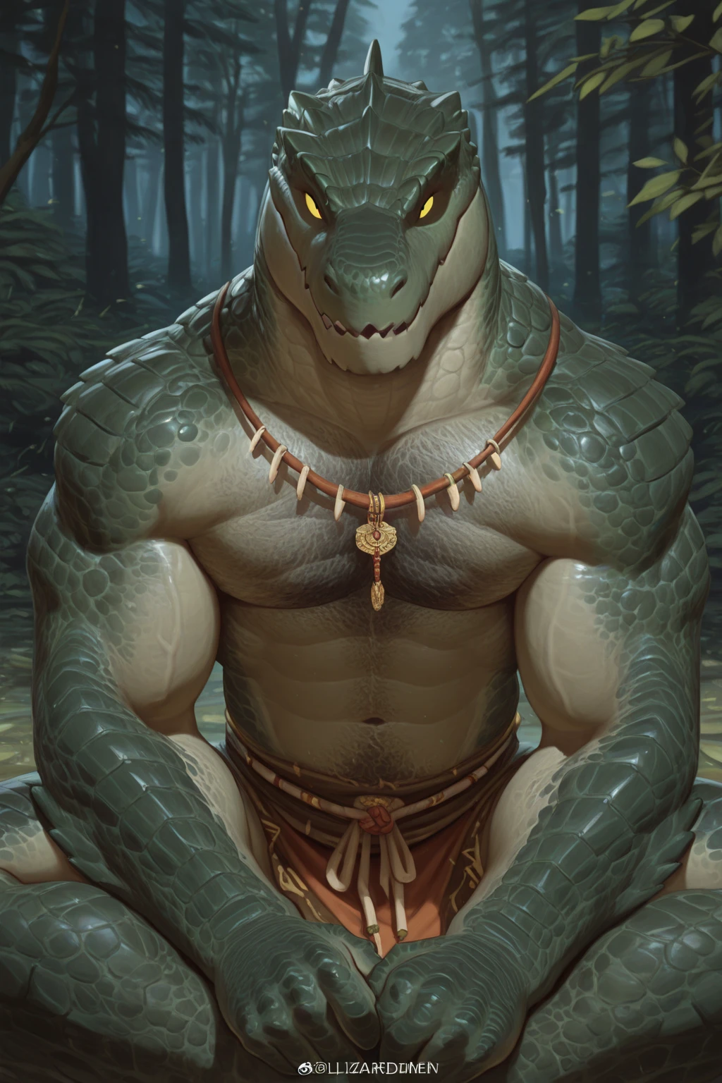 solo, male, (muscular), shaman, (male anthro crocodile:1.3), (green:1.1), white belly, (kneeling:1.3), (kemono:1.4) (praying:1.23), (tribal clothing, long loincloth, red pattern:1.2), detailed eyes, tail, ((bust portrait)), (detailed eyes, detailed eyes, glowing eyes:1.1), (outdoors:1.35), altar, fire, smoke, forest, candle, night, (particles ,firefly, blue glowing:1.3), detailed background, 8k hd, (dark shadows, wide dynamic range, hdr, low light:1.2), [by Pino Daeni, by null-ghost, milkytiger1145, dagasi, yupa], barazoku
