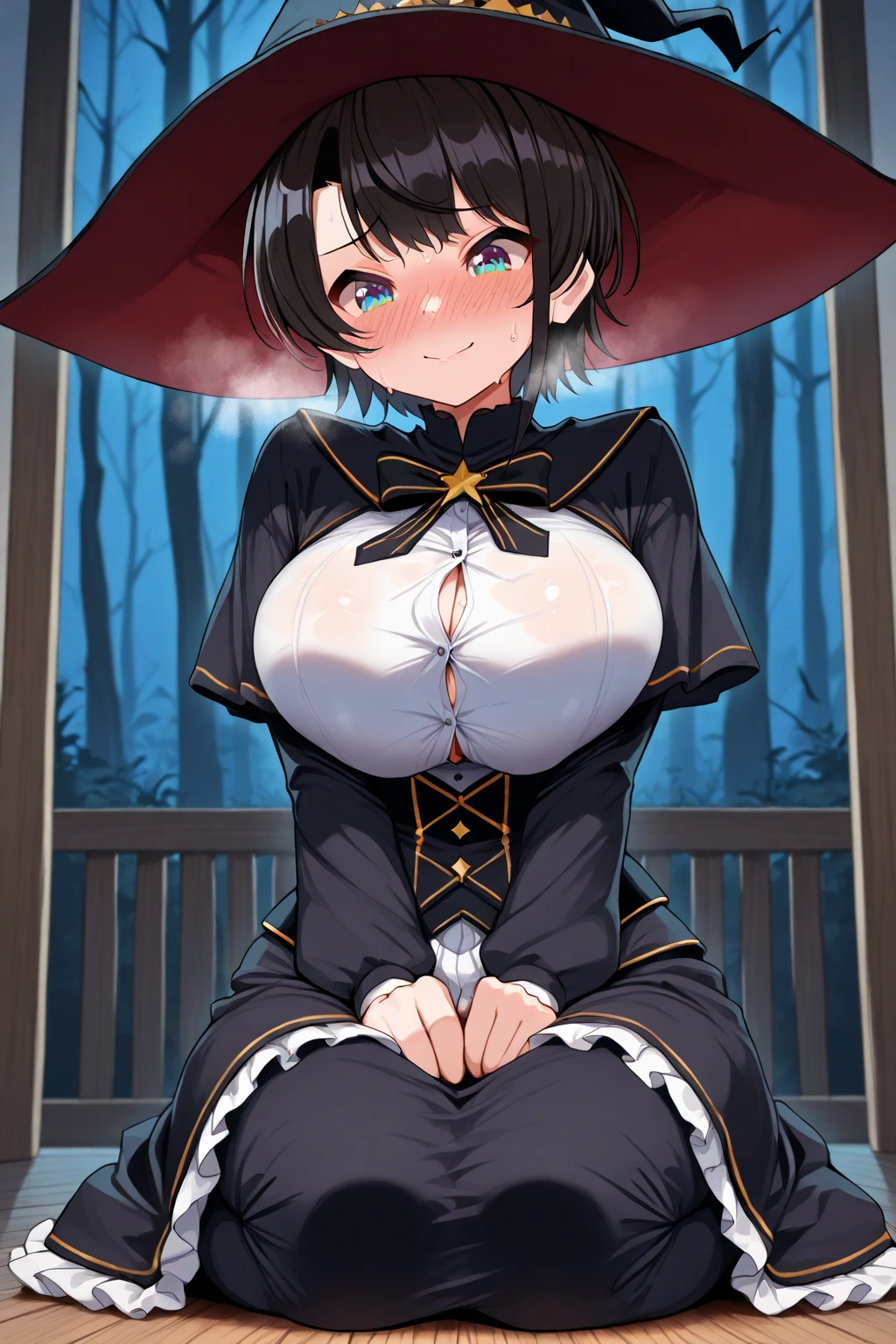 1girl, mature female, shiny skin, (masterpeice), (wallpaper), (high quality), (absurdres), roselyn, animal ears, belt, breasts, brown hair, cape, cleavage, hat, large breasts, short hair, looking at viewer, blush, outdoors, skirt, solo, thighs,white skirt,white hat, white suit, orange eyes,forest, tree, panties, white panties, on ground, witch hat, grass, pine tree,