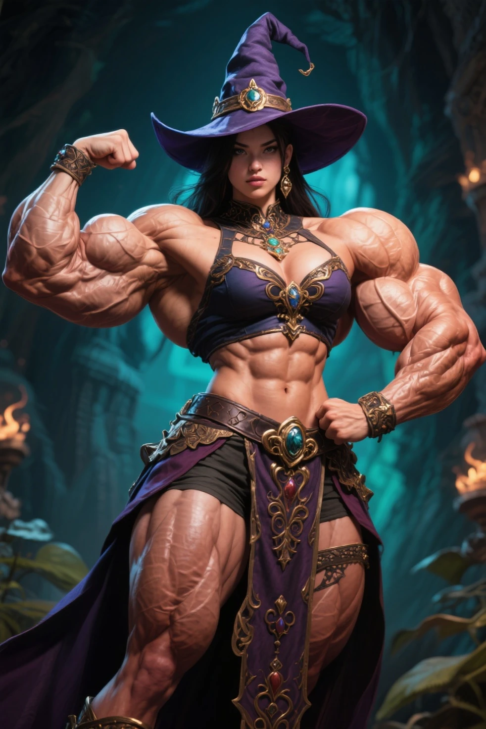 ((((Massive, tall, beautiful, buff, light brown skinned, muscular woman with jet black hair, black lipstick, ginormous bulky muscles and wearing a beautiful gothic dress with a witch hat)))), black eyeliner, (massive muscles), massive biceps, hyper muscle triceps, (straight long hair), orange eyes, (thigh high stockings), high heel boots, in the spooky forest, nighttime, surrounded by souls, evil smile, hyper muscles arms, hyper muscle legs, massive buff arms.