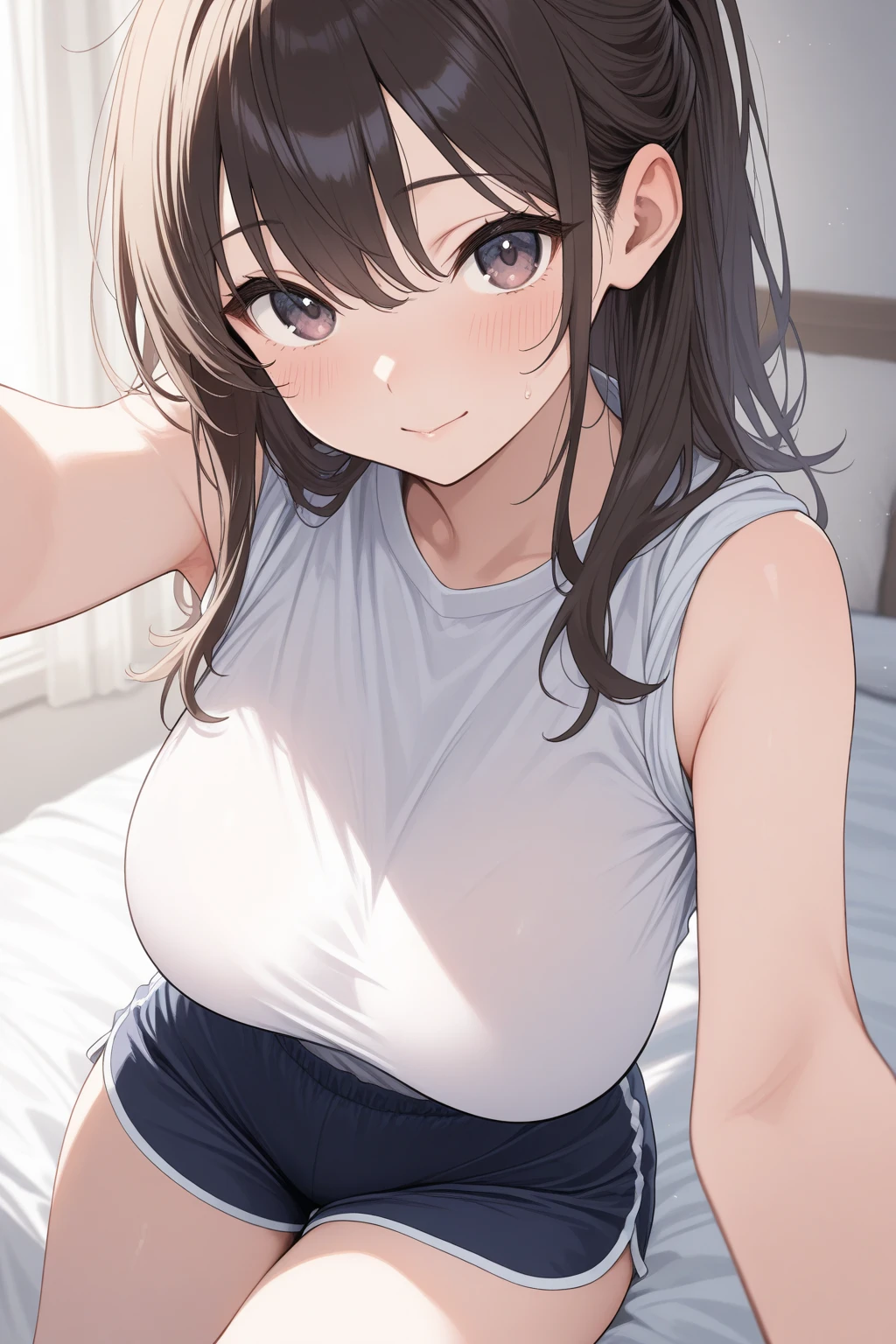 best quality, masterpiece, ultra-detailed, high quality, highres, 1girl, mature female, milf, mothely, brown, side low ponytail, beautiful, beautiful and perfect face, detailed eyes, detailed eyelashes, smile, open mouth, looking at viewer, (white t-shirt, pink shorts), large breasts, curvy body, POV, close shot, from the front, standing, full body, feet, in home, open the door, leaning forward
