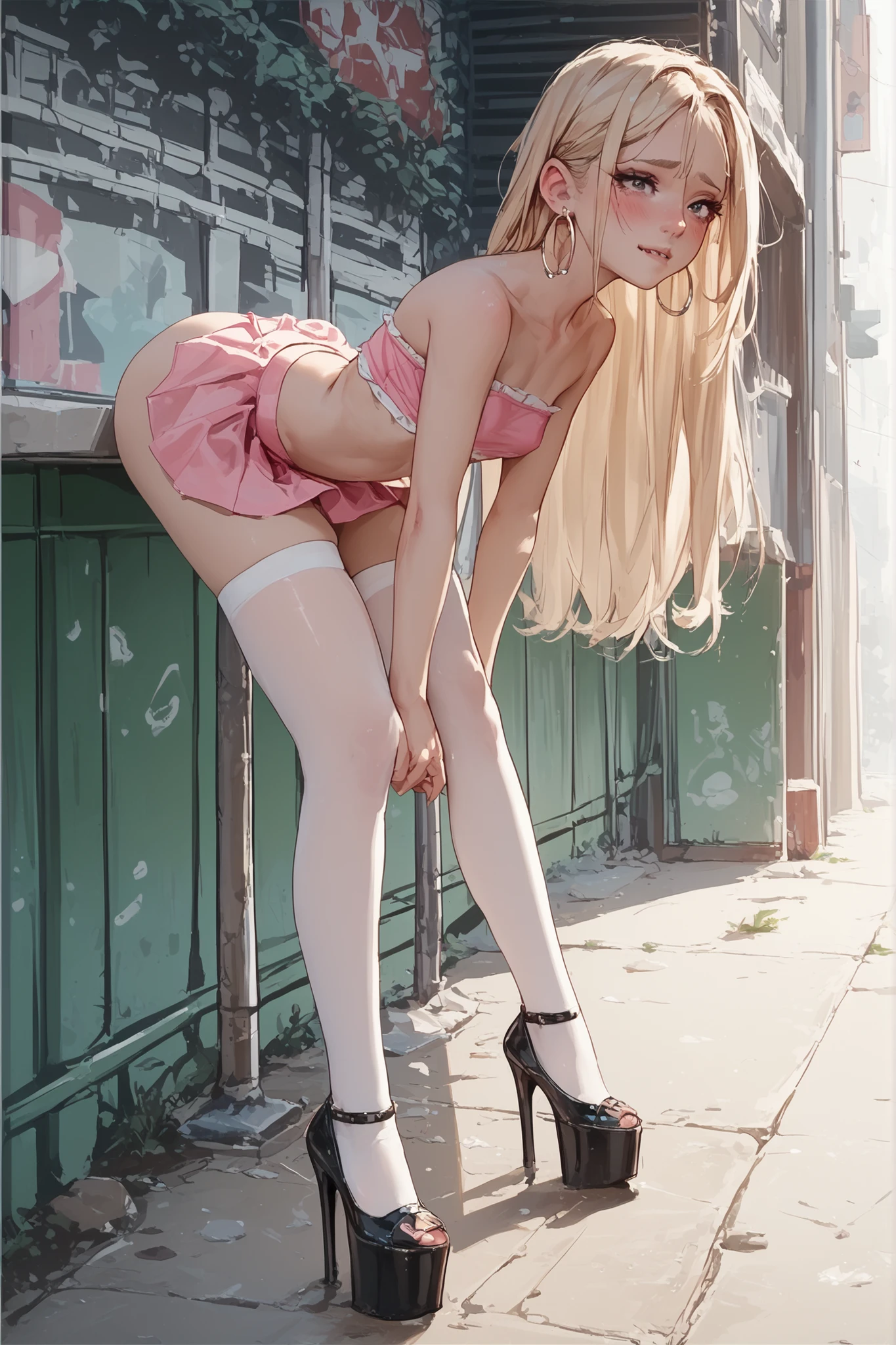 very very young slender petite little innocent blonde anime girl  with small size breasts dark black eye shadow and large hoop earrings wearing a neon SEE THROUGH pink tiny pleated cute micro skirt waist high very dark black pantyhose that go up to her waist wearing her thong is showing above her skirt a neon pink tube top  black platform high heels she is bending over looking slutty and cute、、、
、WHITE color extra long thigh highs high-socksｎ、（cum in pussy:1.4 ）